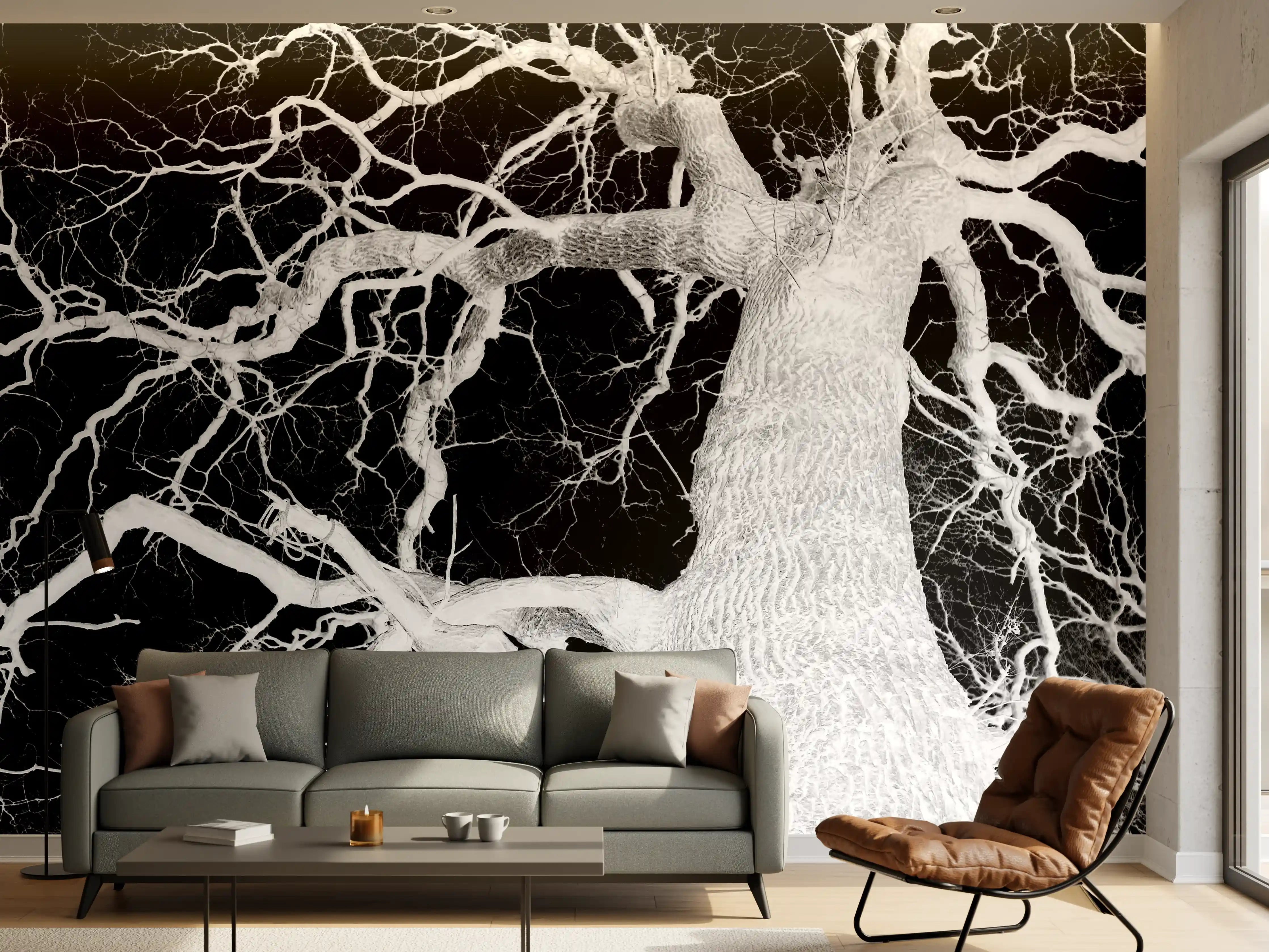 Wandverkleidung Wohnzimmer - Starker Baum mit spektakulärem Astwerk