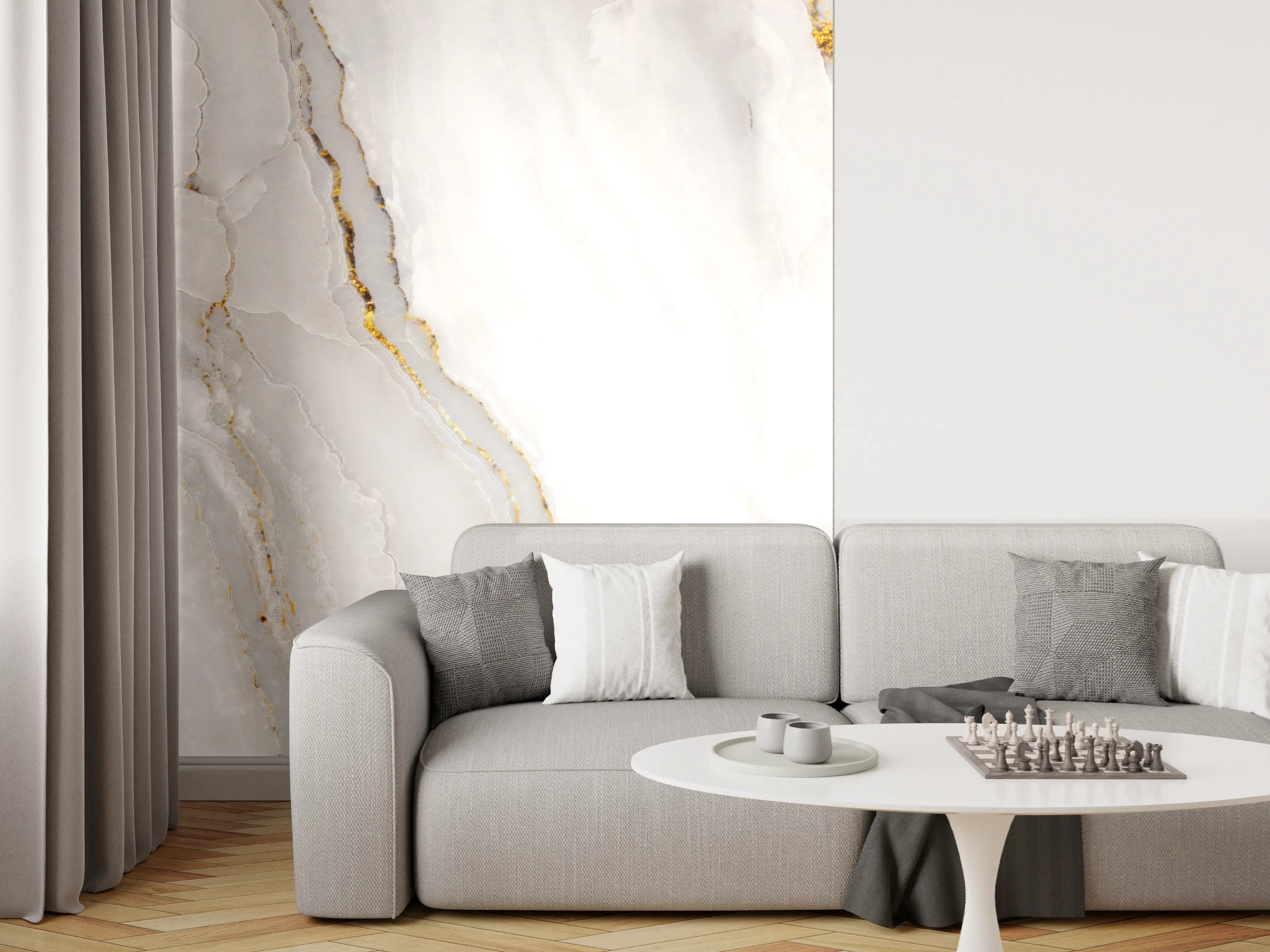 Wandverkleidung Wohnzimmer - Statuario Marmor mit goldenen Akzenten