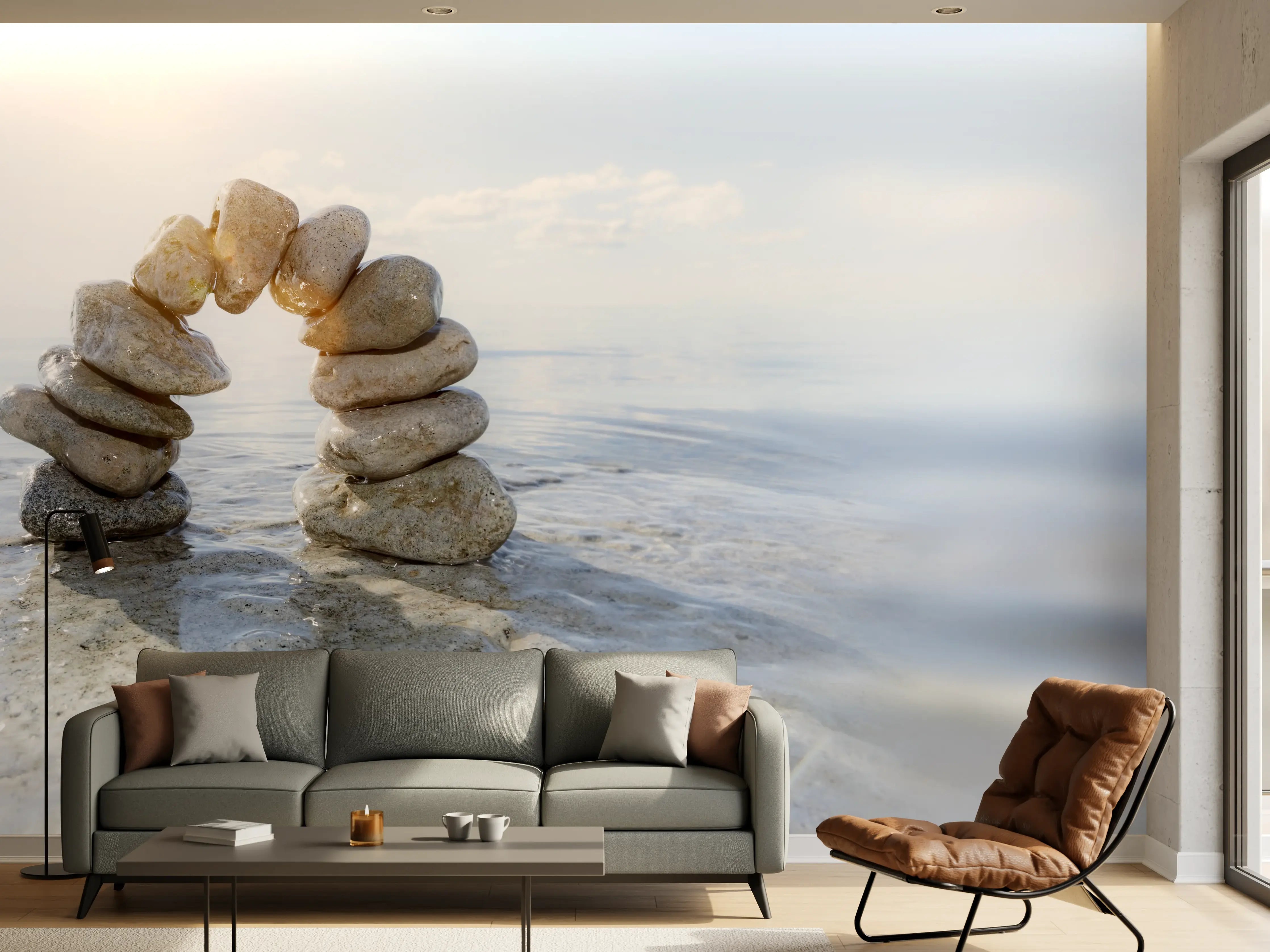 Wandverkleidung Wohnzimmer - Steinbogen im Wasser