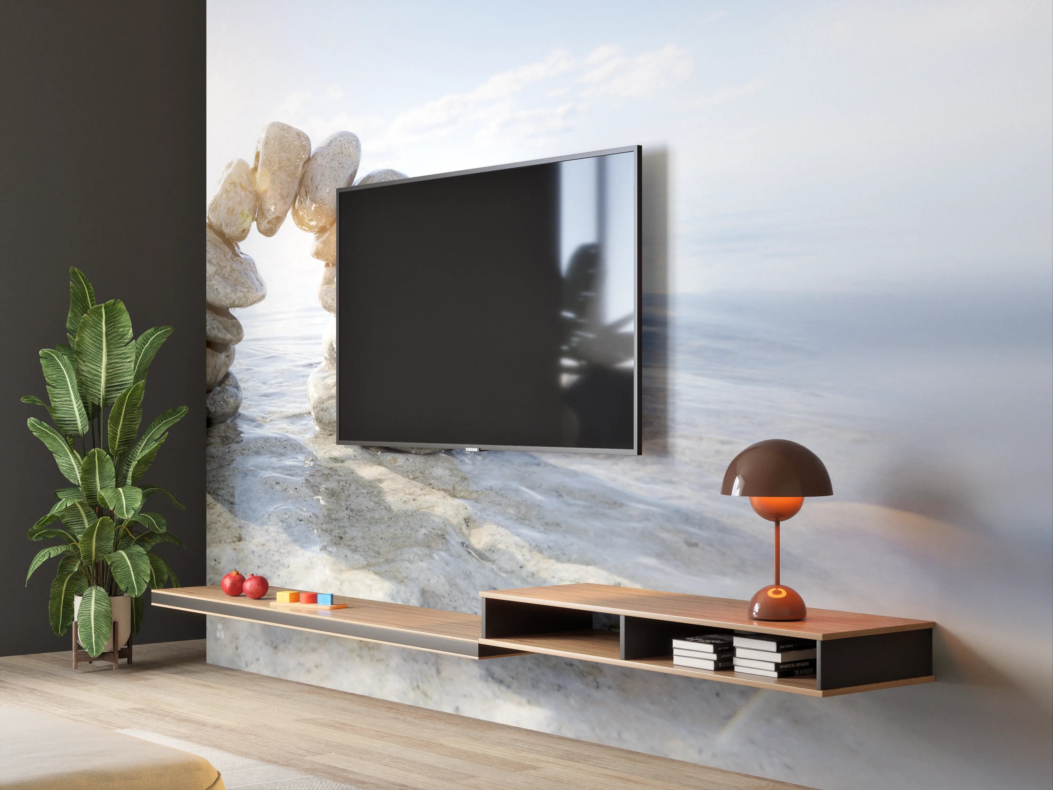 Wandverkleidung Wohnzimmer - Steinbogen im Wasser