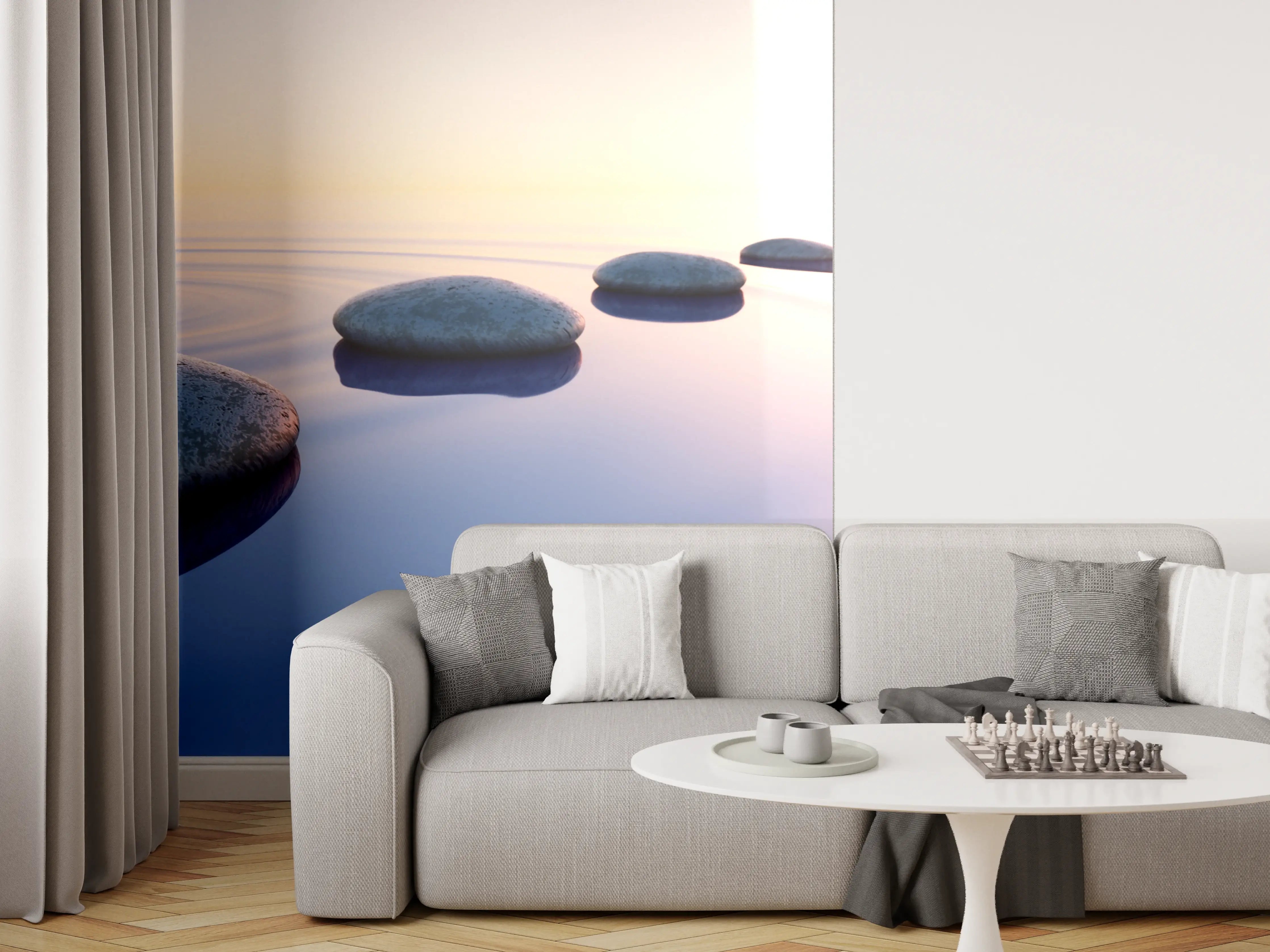 Wandverkleidung Wohnzimmer - Steine im See bei Sonnenaufgang