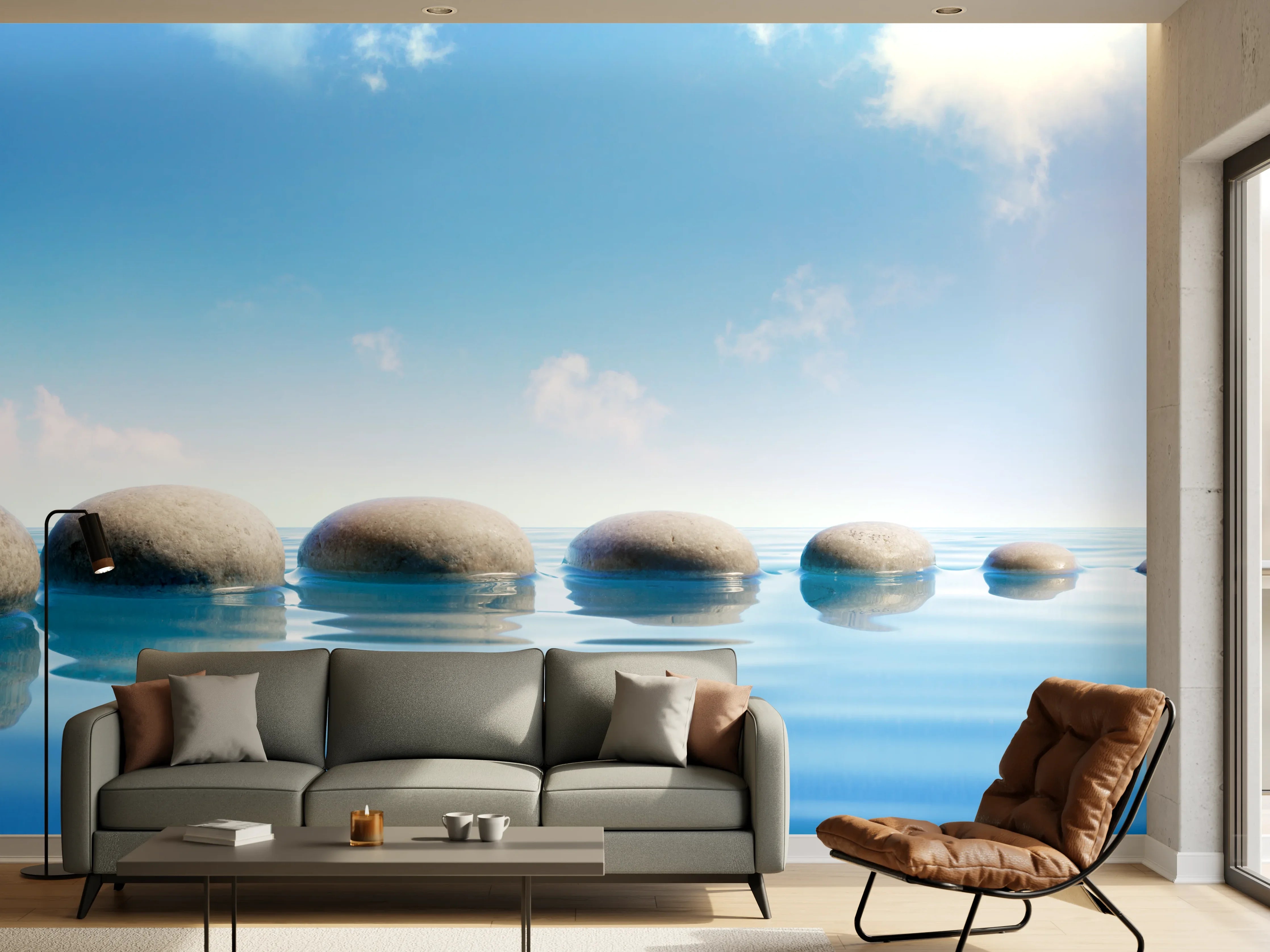 Wandverkleidung Wohnzimmer - Steinreihe auf Wasser