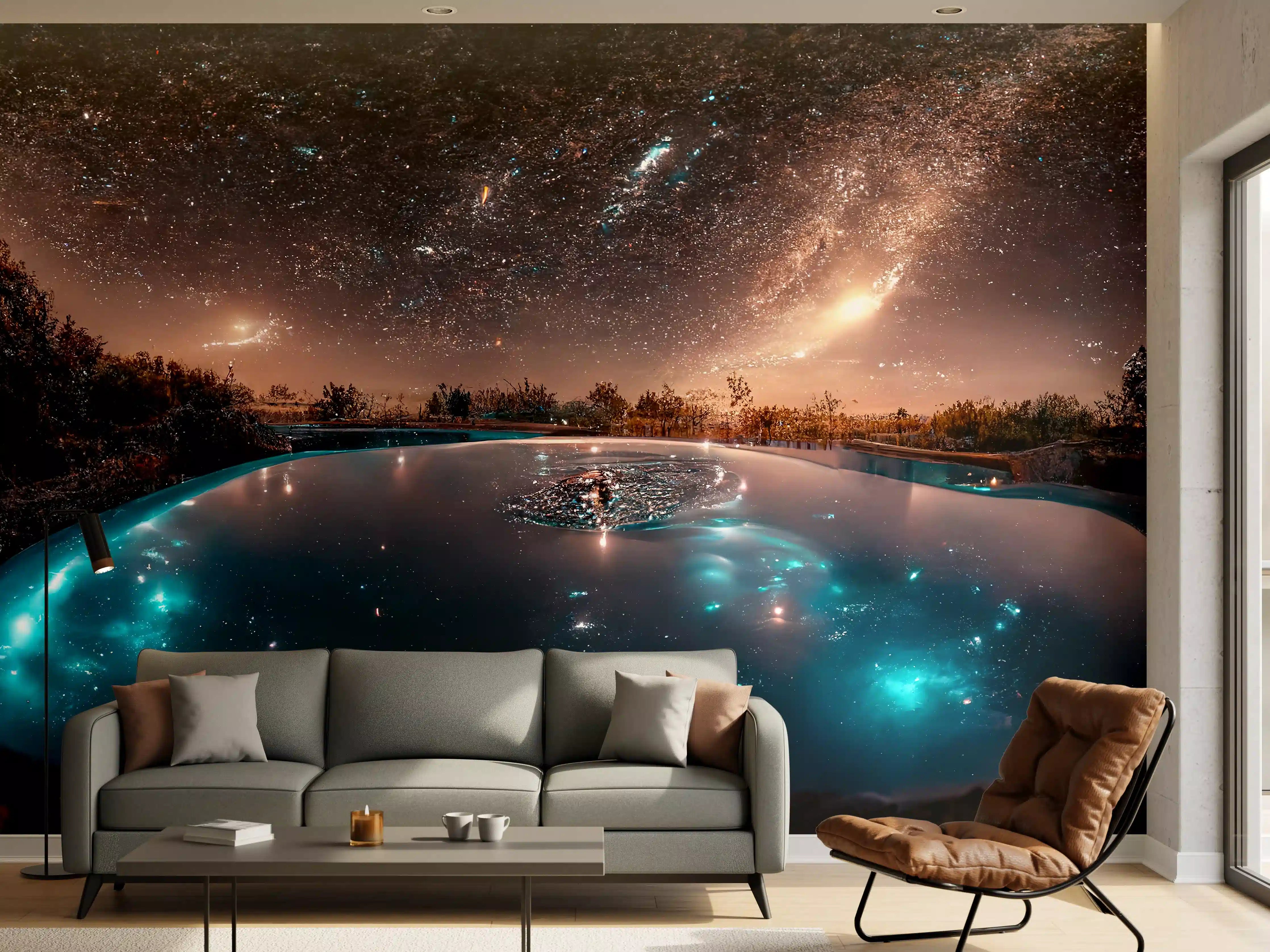 Wandverkleidung Wohnzimmer - Sternenhimmel über geheimnisvollem Pool