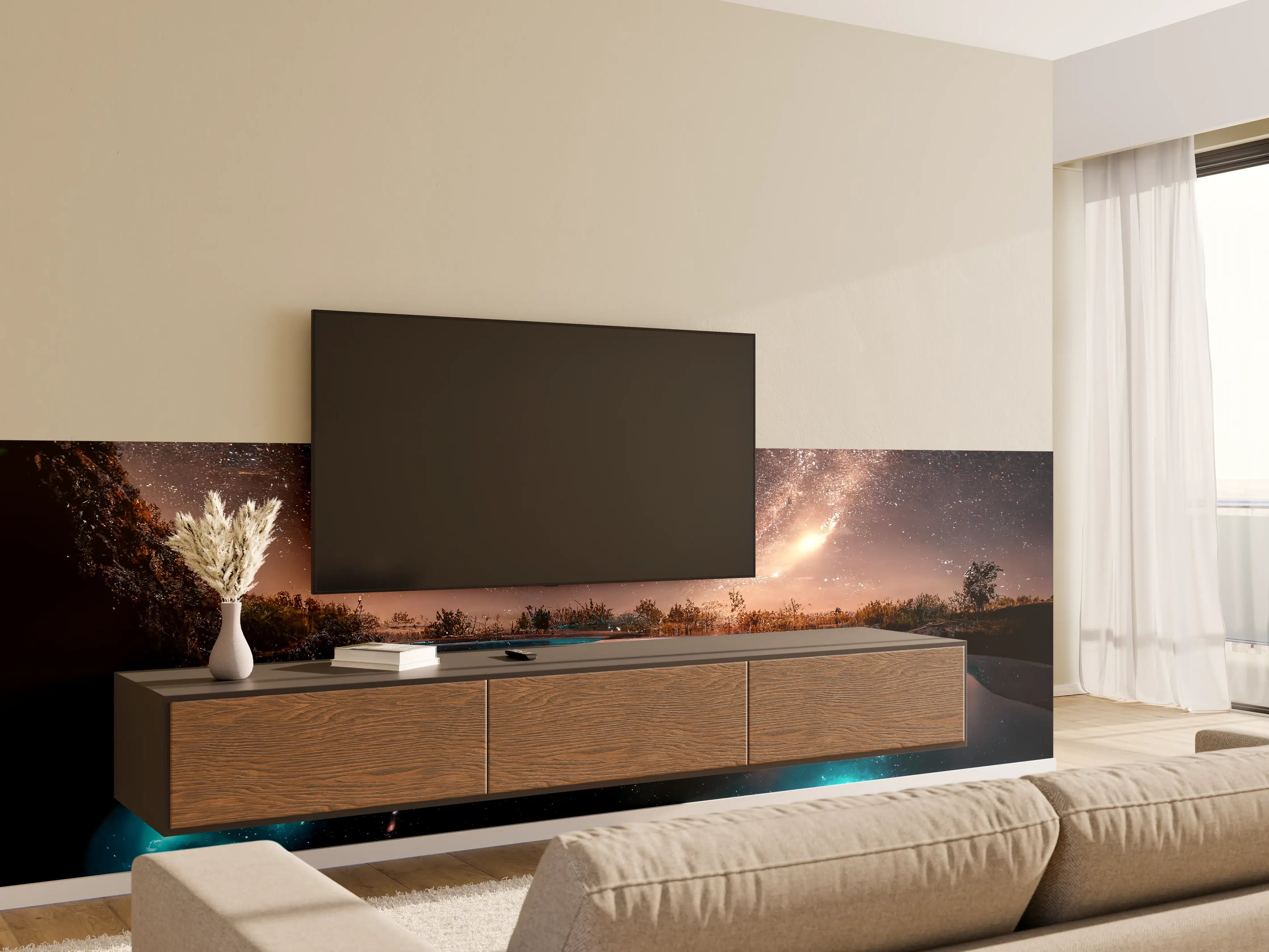 Wandverkleidung Wohnzimmer - Sternenhimmel über geheimnisvollem Pool