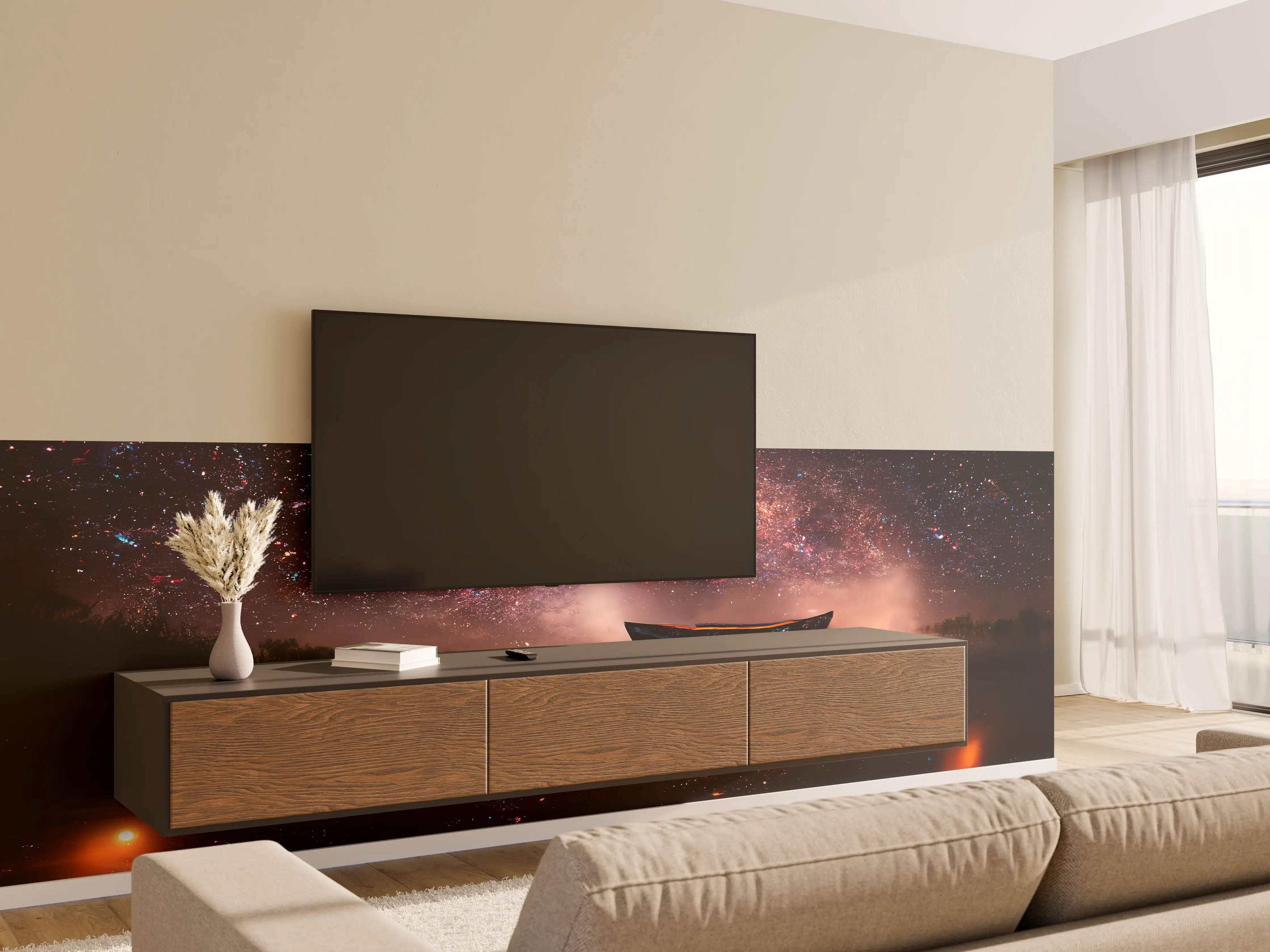 Wandverkleidung Wohnzimmer - Sternenhimmel über ruhigem Gewässer