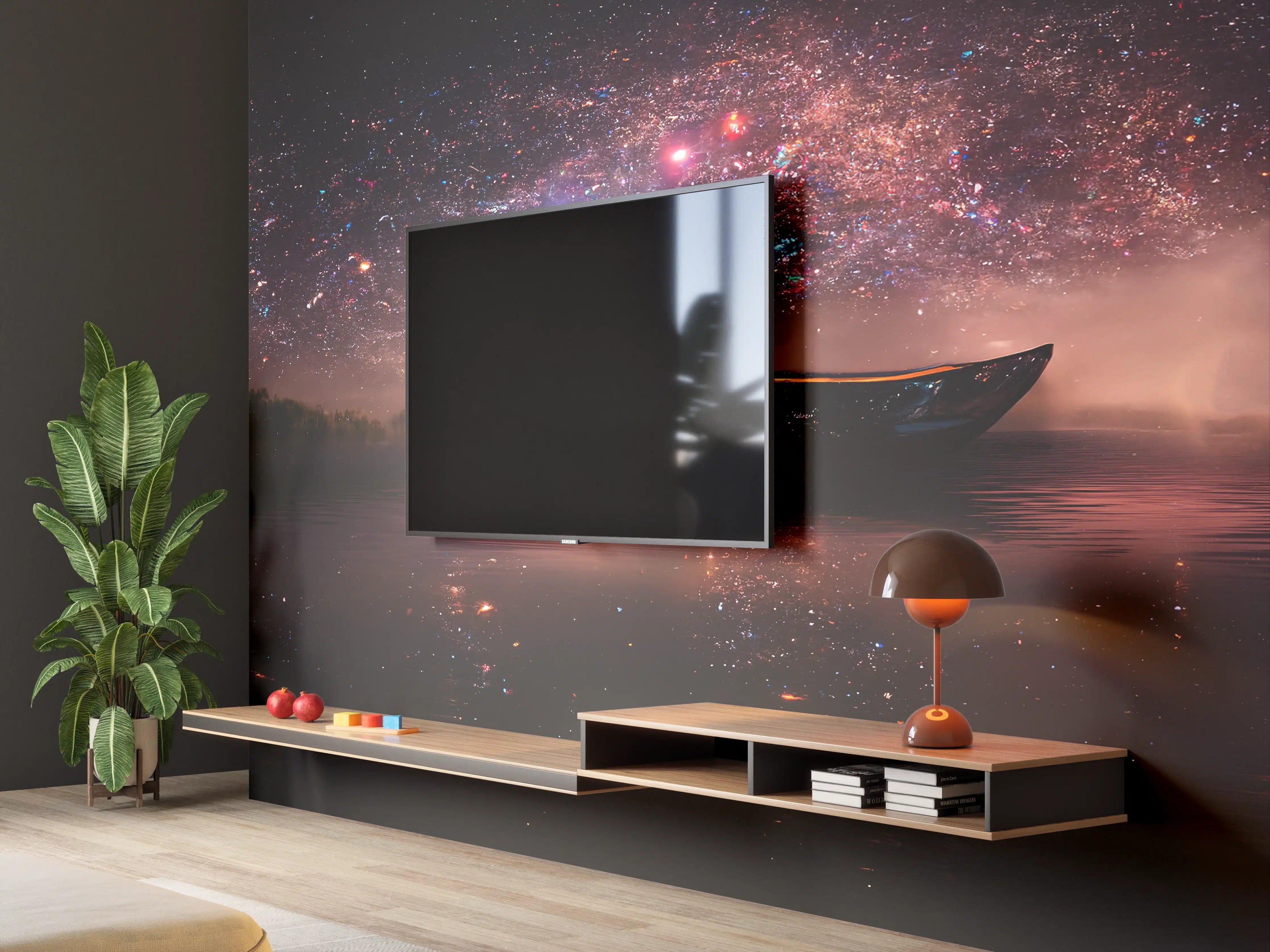 Wandverkleidung Wohnzimmer - Sternenhimmel über ruhigem Gewässer