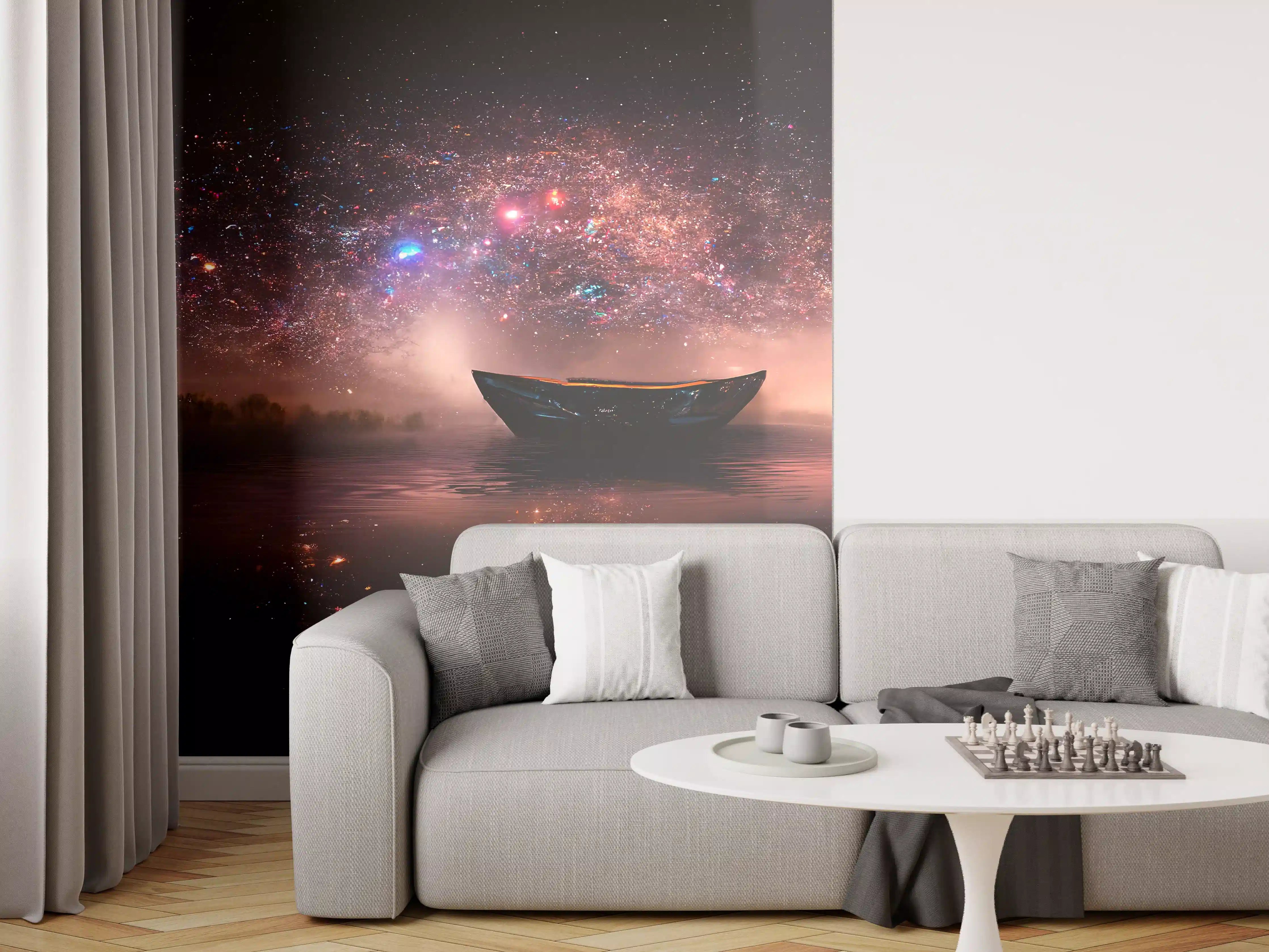 Wandverkleidung Wohnzimmer - Sternenhimmel über ruhigem Gewässer