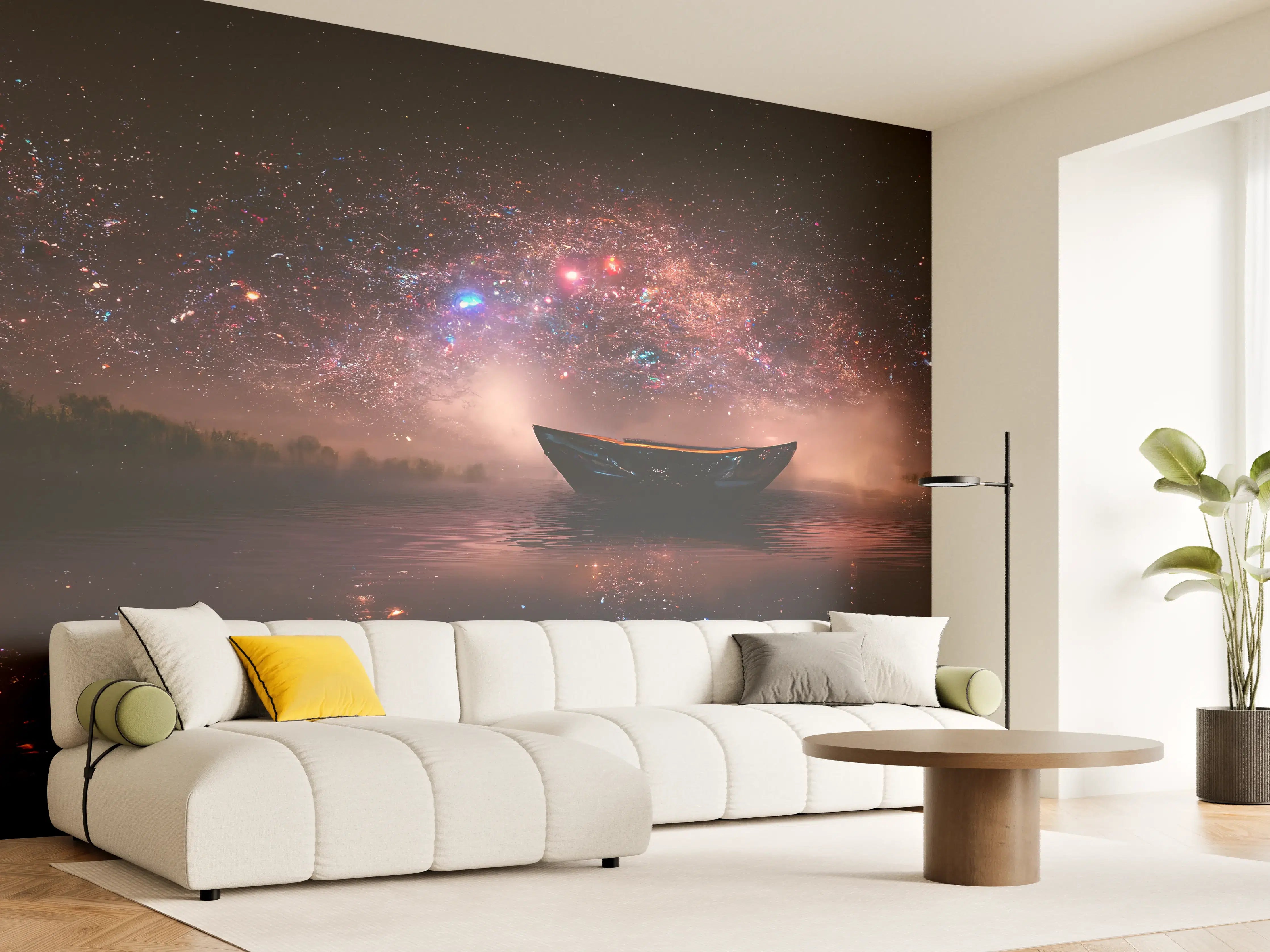 Wandverkleidung Wohnzimmer - Sternenhimmel über ruhigem Gewässer