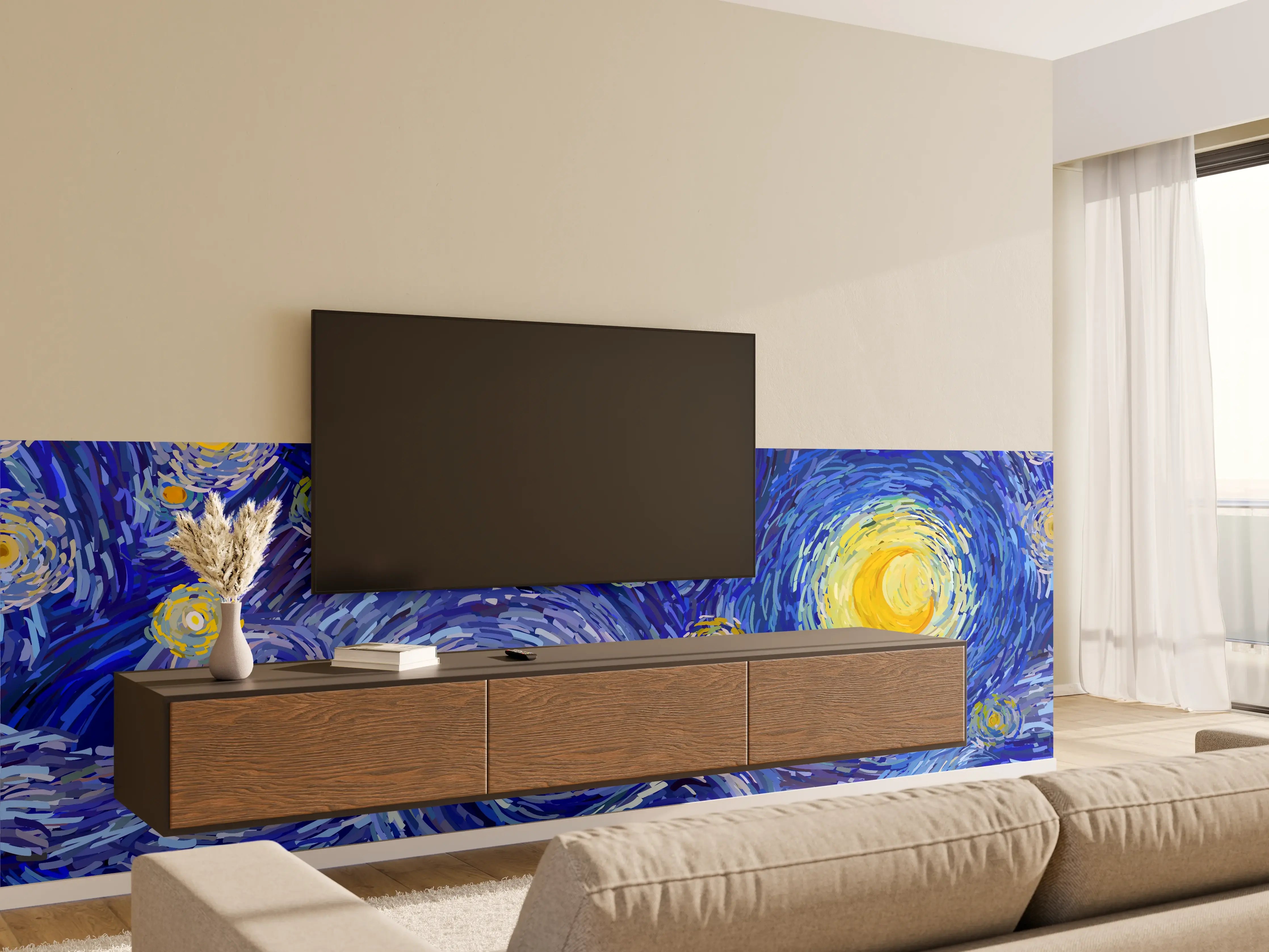 Wandverkleidung Wohnzimmer - Sternenklare Nacht mit leuchtendem Himmel