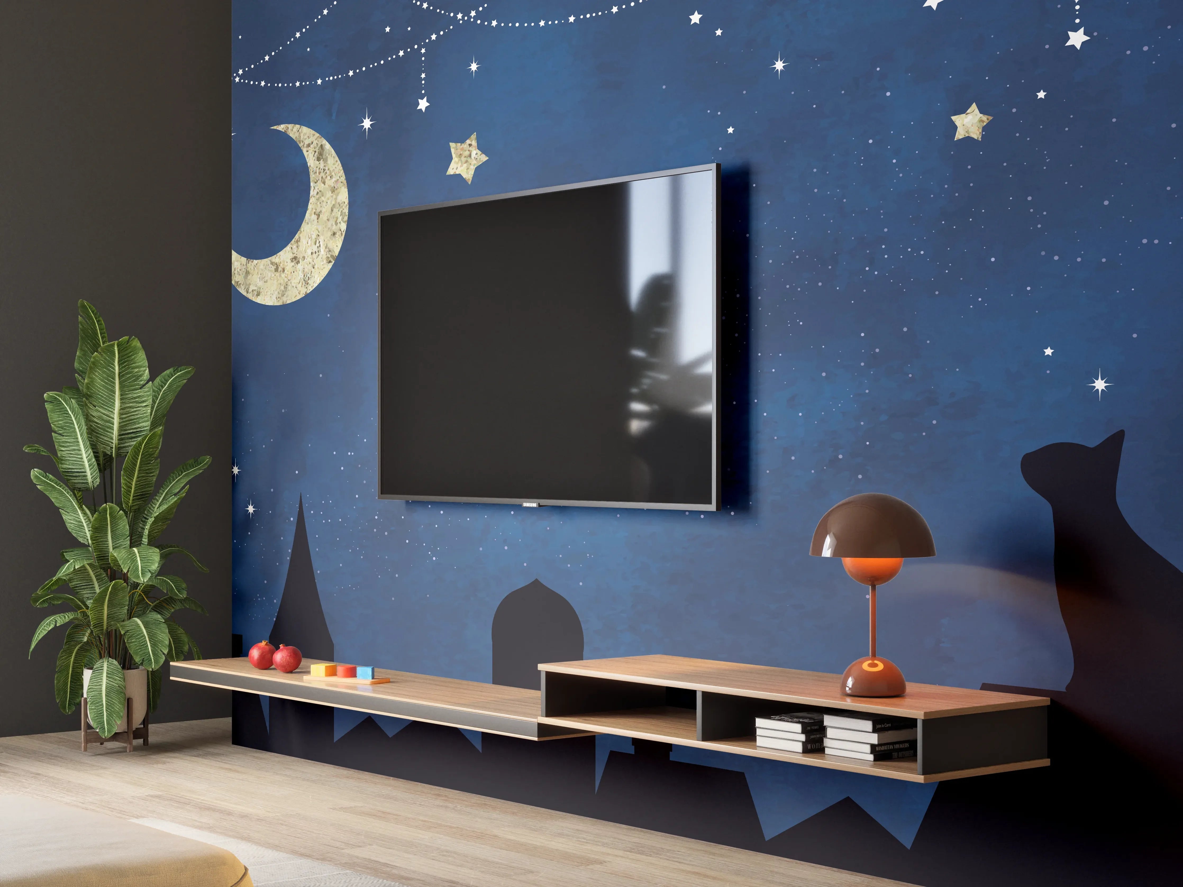 Wandverkleidung Wohnzimmer - Sternennacht Katzen Silhouette