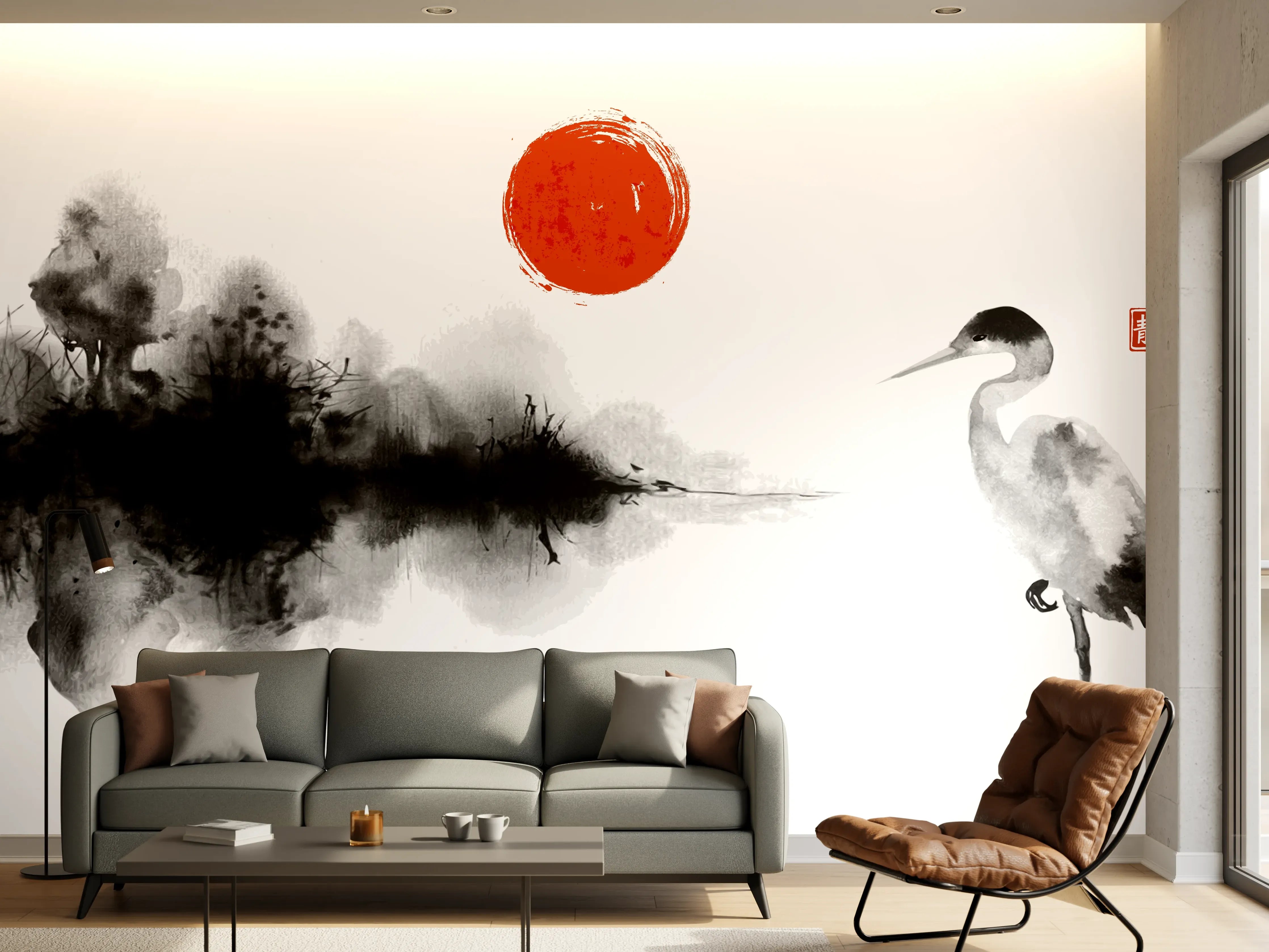 Wandverkleidung Wohnzimmer - Stille Heron Tintenkunst