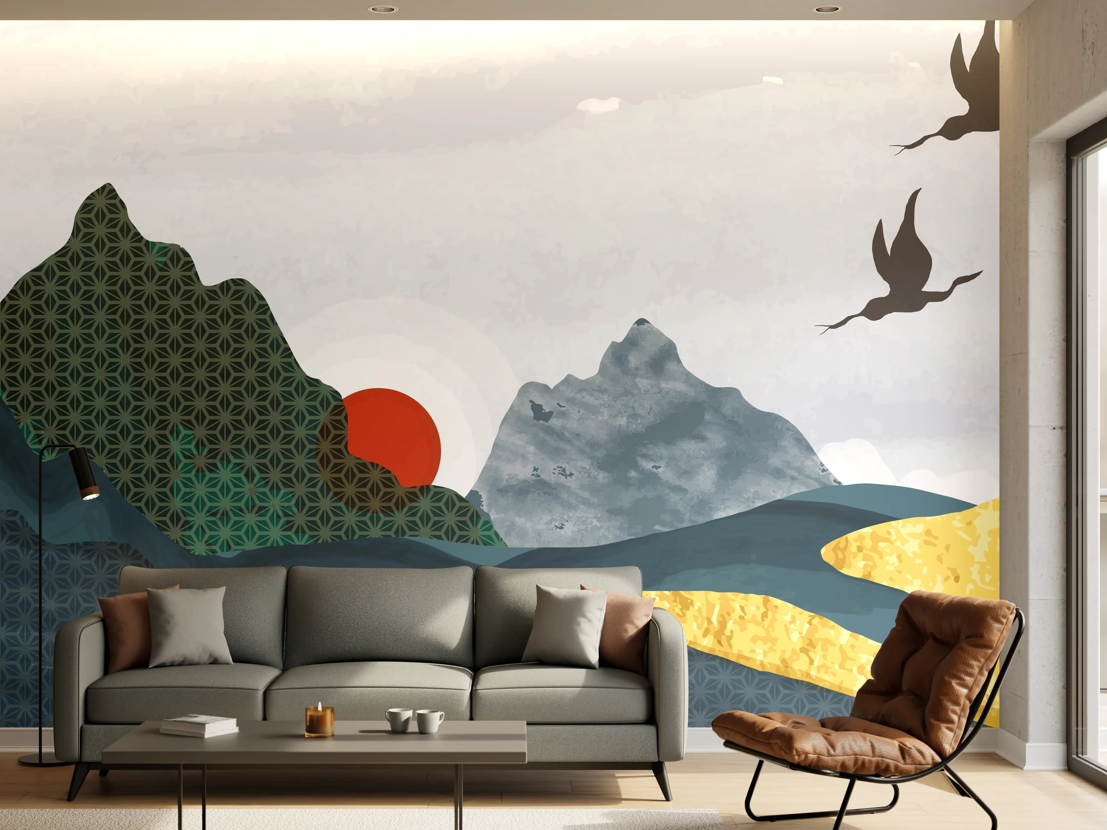 Wandverkleidung Wohnzimmer - Stilvolle Berglandschaft bei Sonnenuntergang