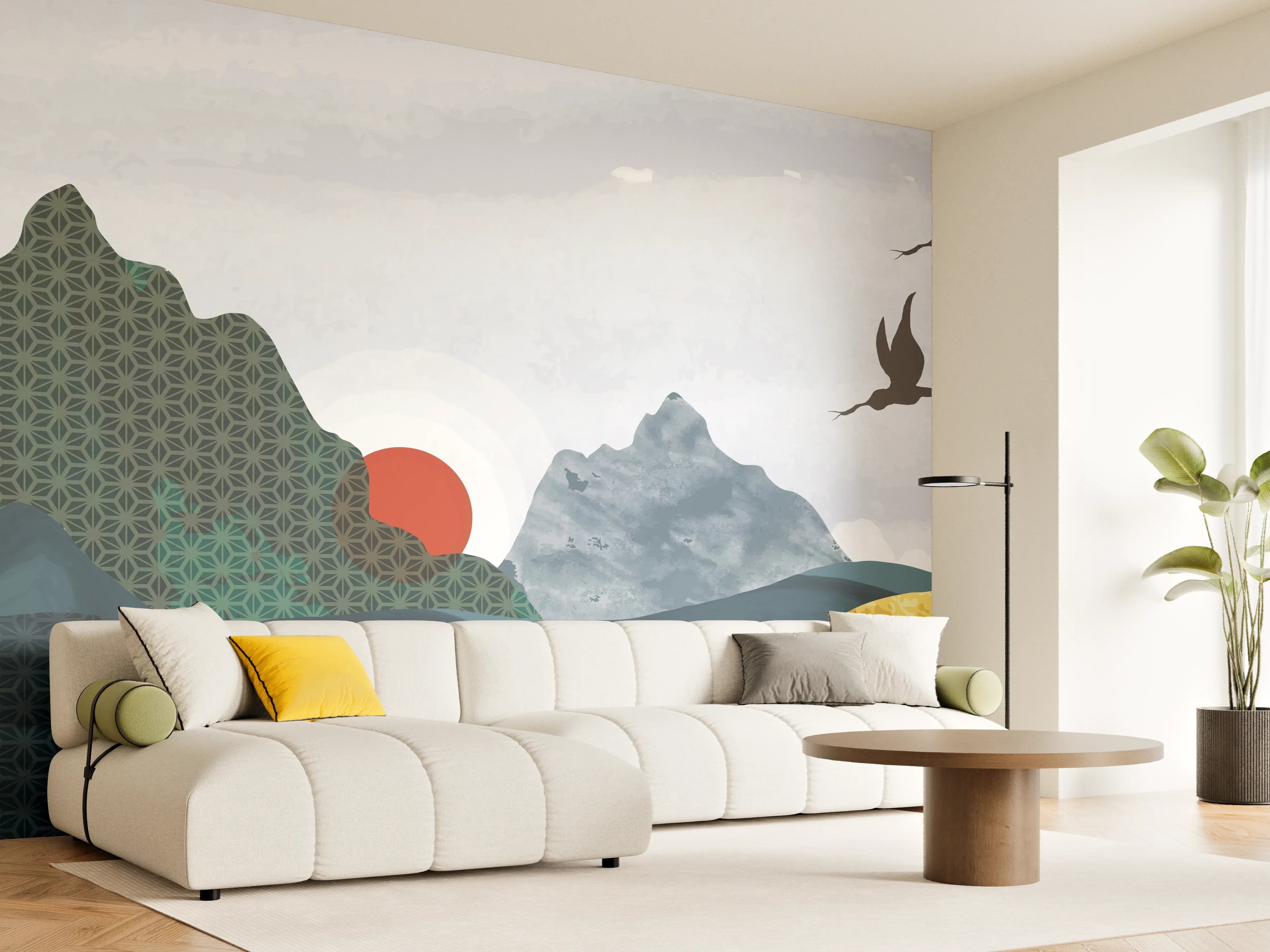 Wandverkleidung Wohnzimmer - Stilvolle Berglandschaft bei Sonnenuntergang