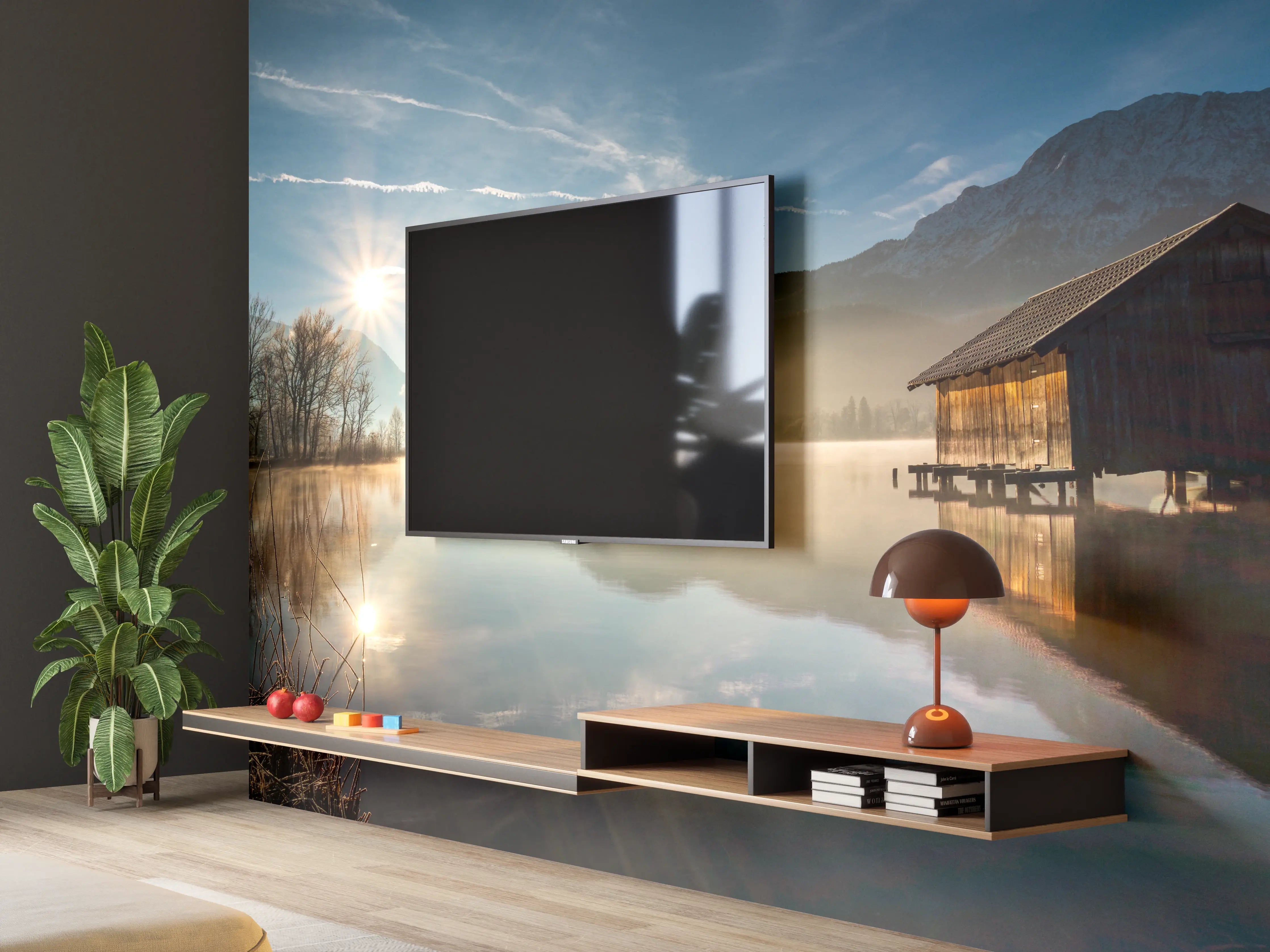 Wandverkleidung Wohnzimmer - Stimmungsvolle Bergsee-Landschaft bei Sonnenaufgang