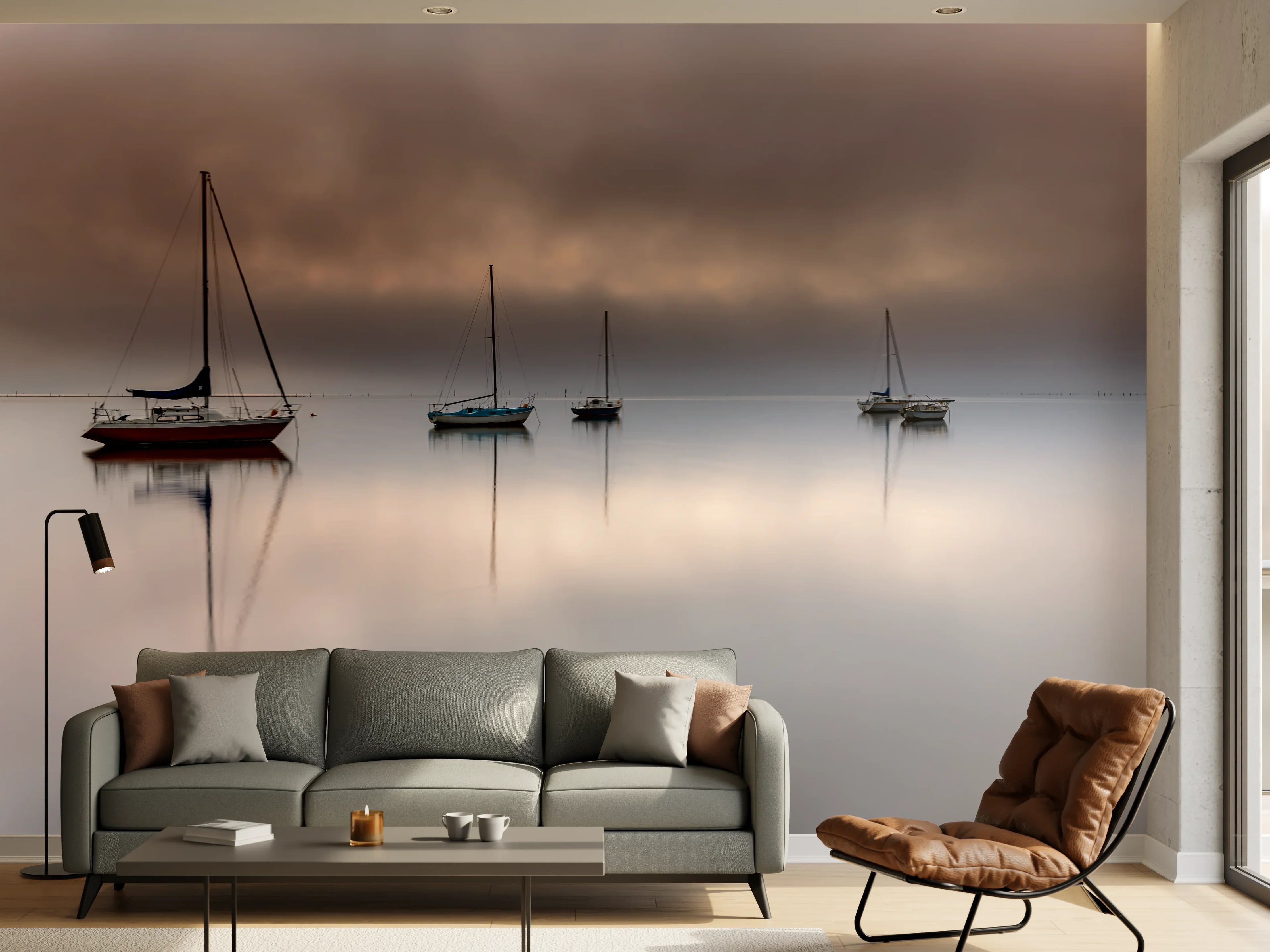 Wandverkleidung Wohnzimmer - Stimmungsvolle Segelboote bei Nebel