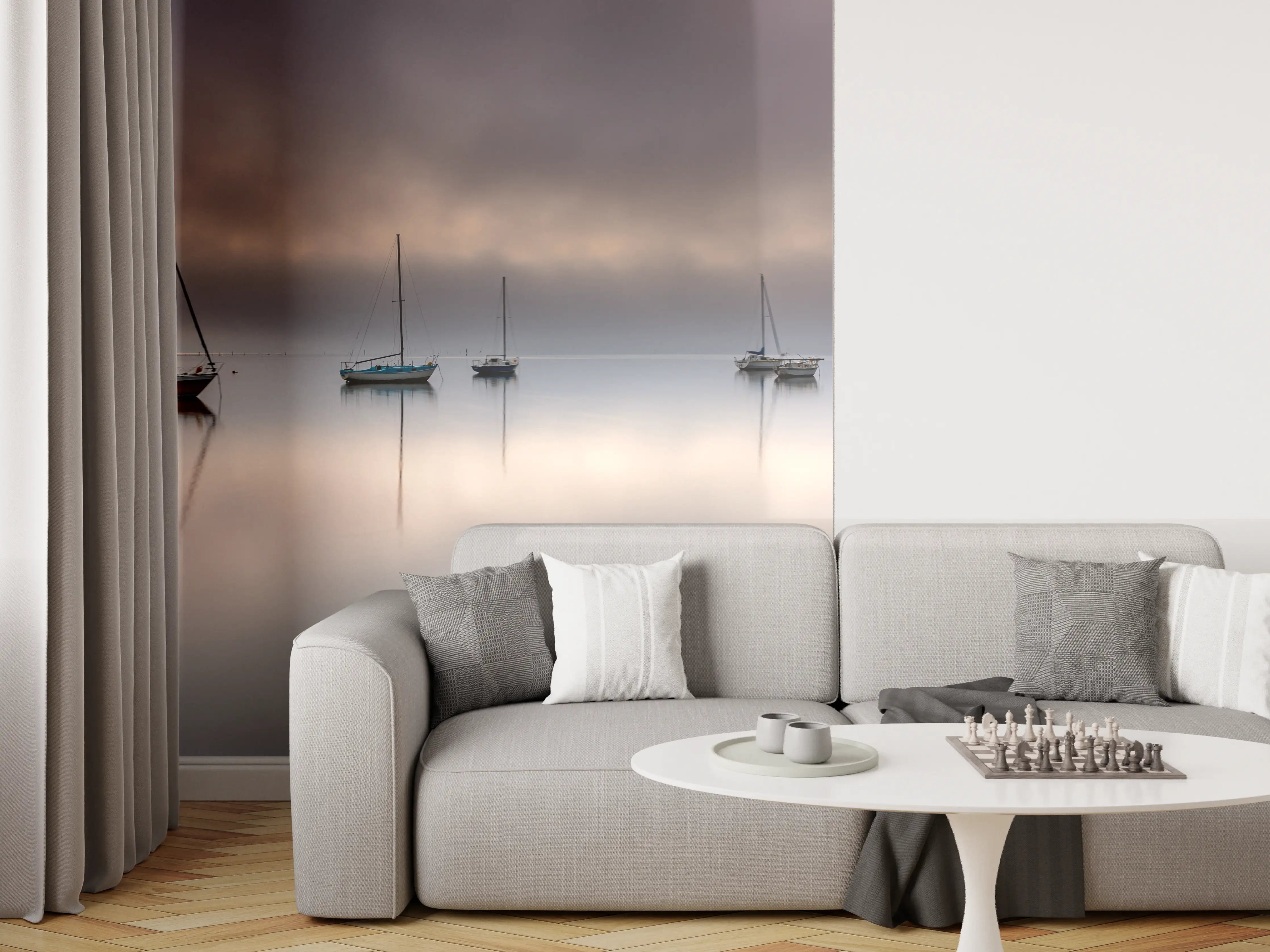 Wandverkleidung Wohnzimmer - Stimmungsvolle Segelboote bei Nebel