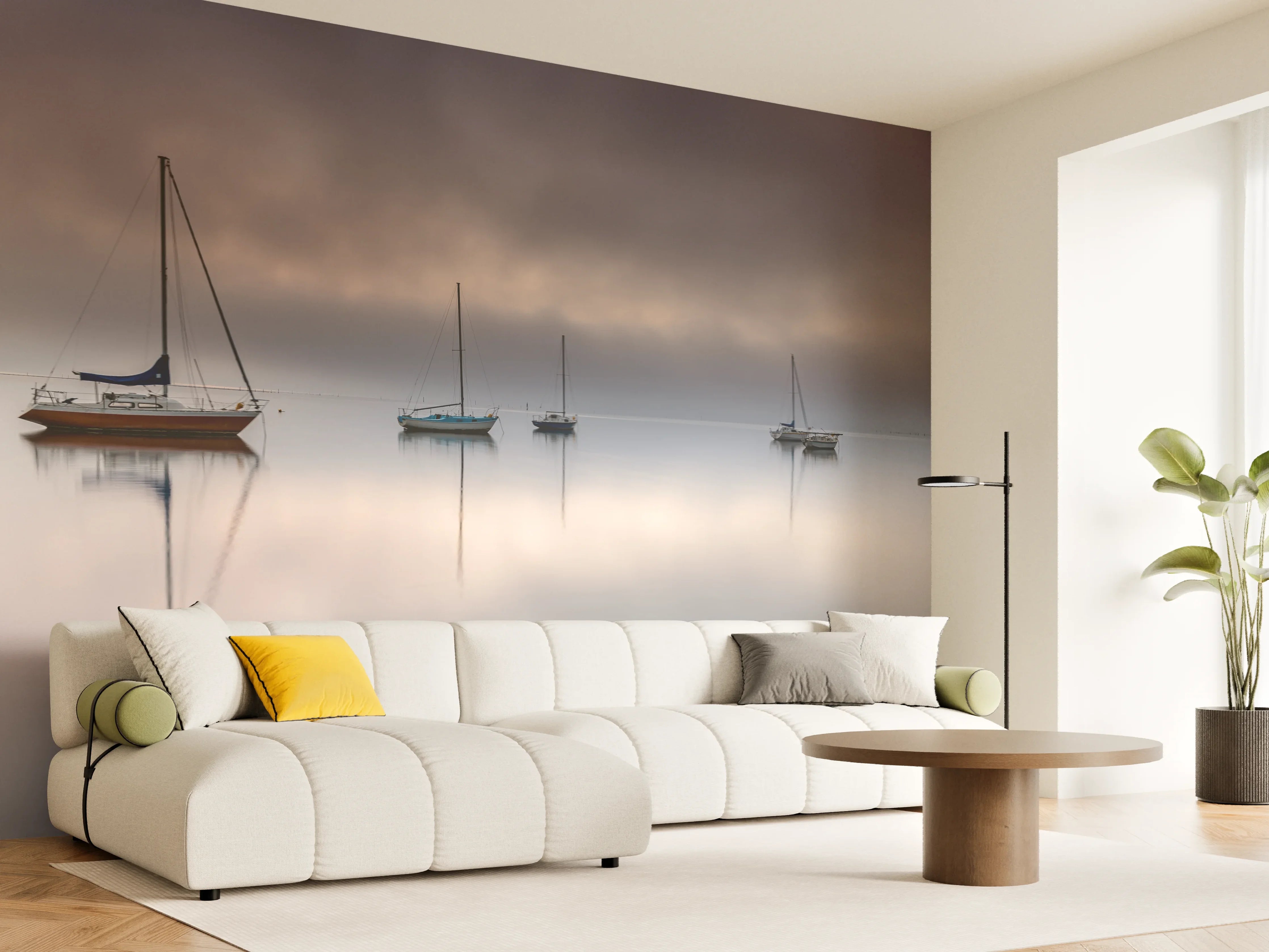 Wandverkleidung Wohnzimmer - Stimmungsvolle Segelboote bei Nebel