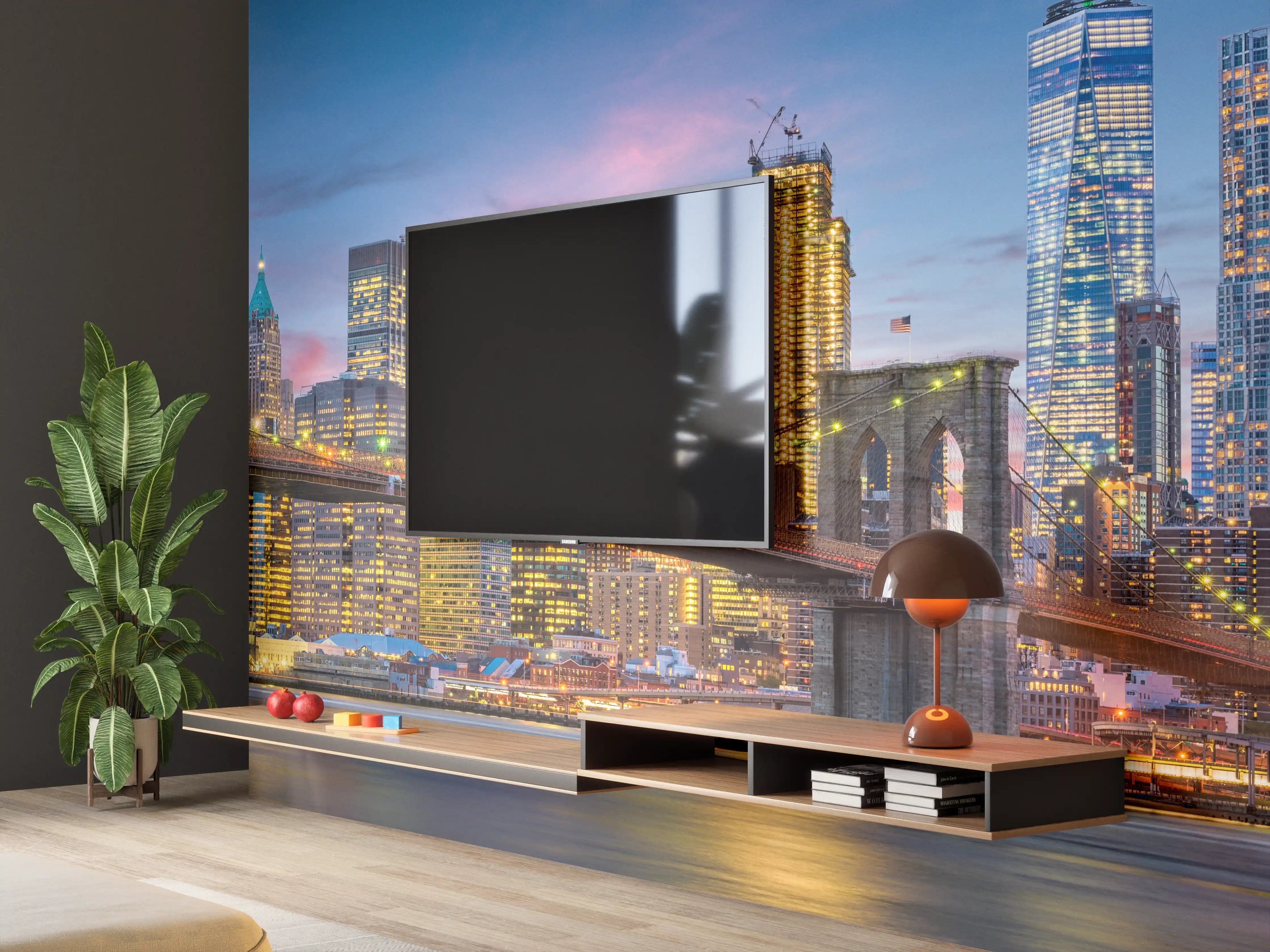 Wandverkleidung Wohnzimmer - Stimmungsvolle Skyline bei Sonnenuntergang