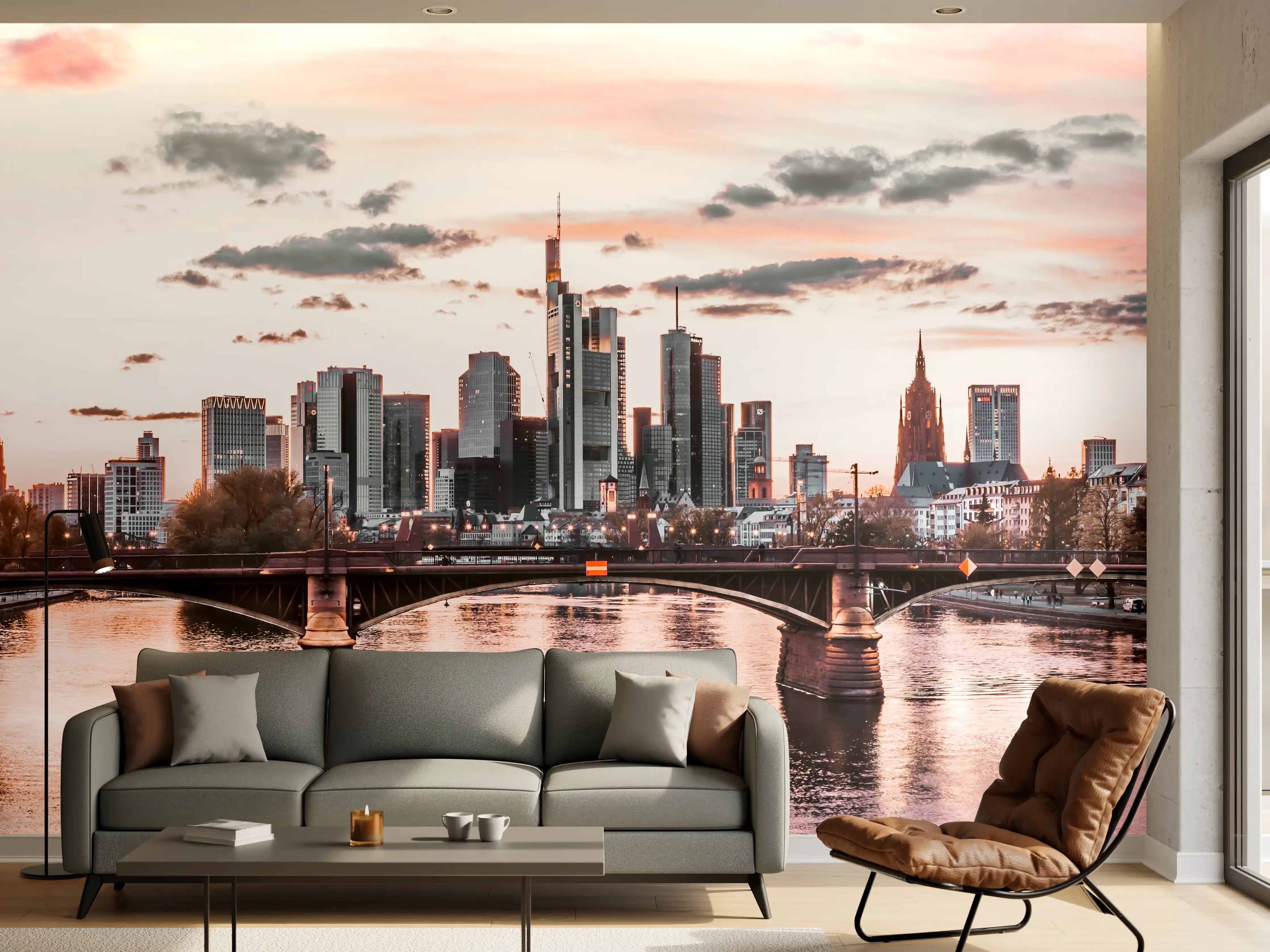 Wandverkleidung Wohnzimmer - Stimmungsvoller Blick auf die Skyline von Frankfurt am Main bei Sonnenuntergang