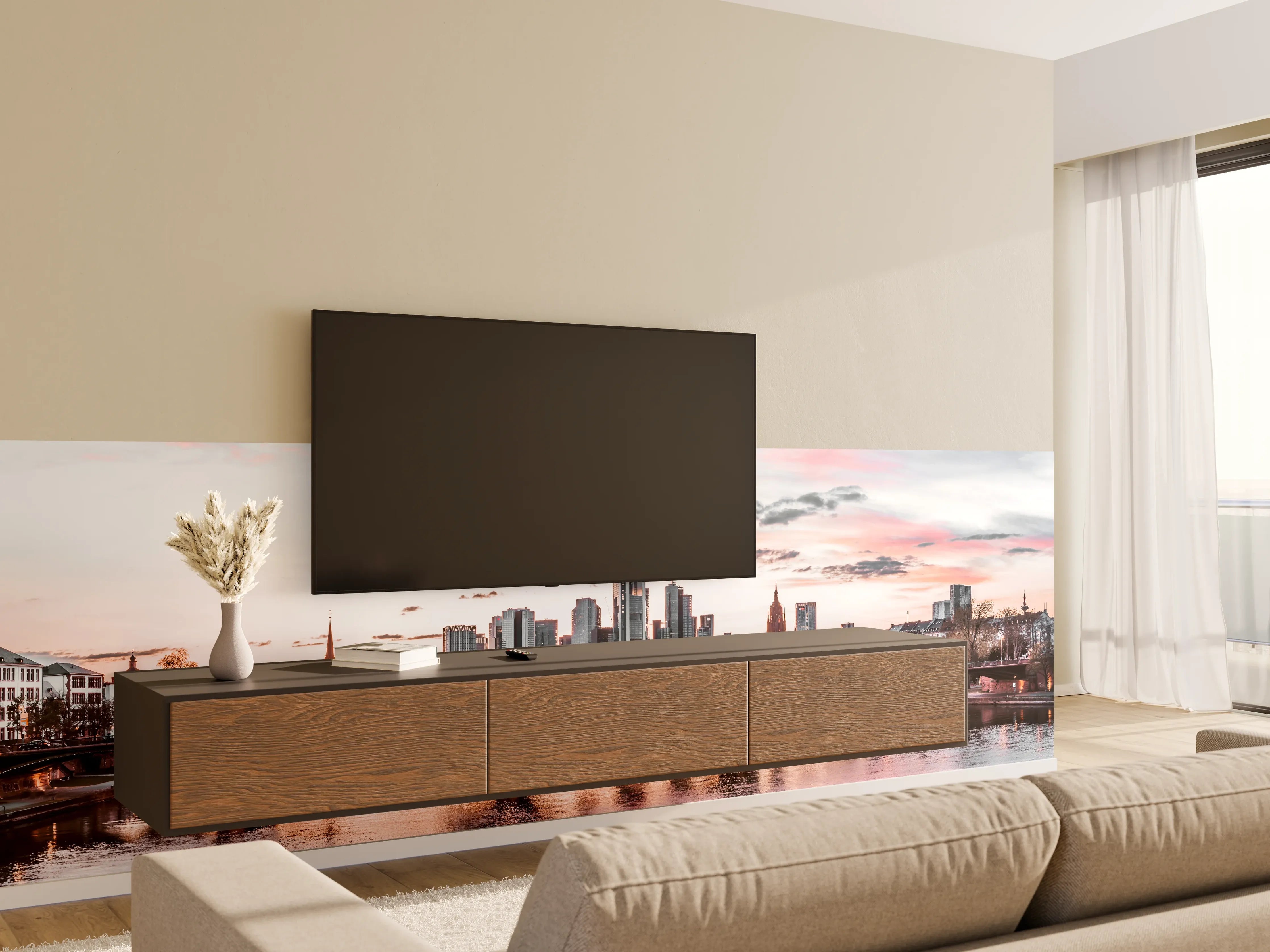 Wandverkleidung Wohnzimmer - Stimmungsvoller Blick auf die Skyline von Frankfurt am Main bei Sonnenuntergang