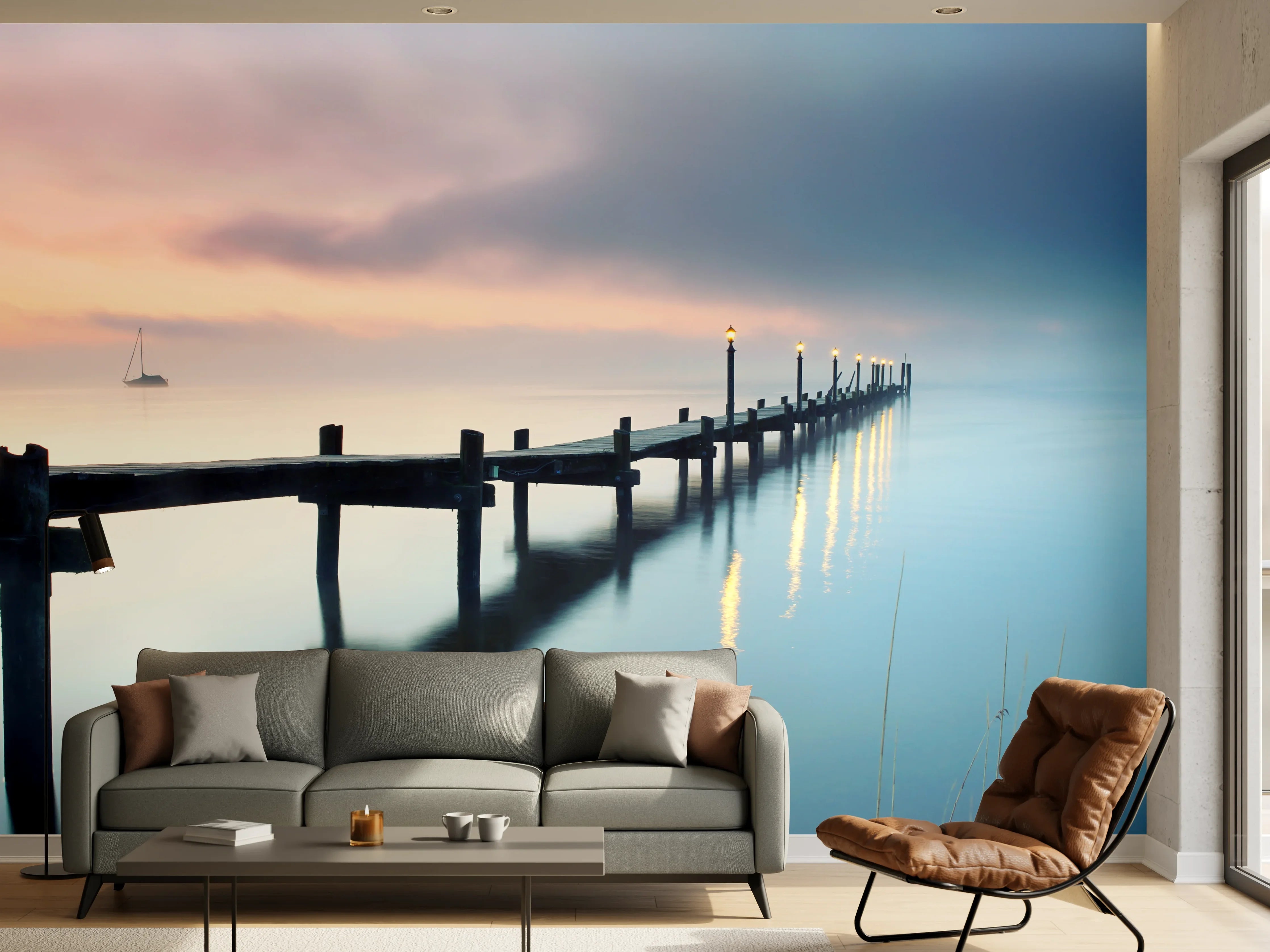 Wandverkleidung Wohnzimmer - Stimmungsvoller Sonnenaufgang am Steg