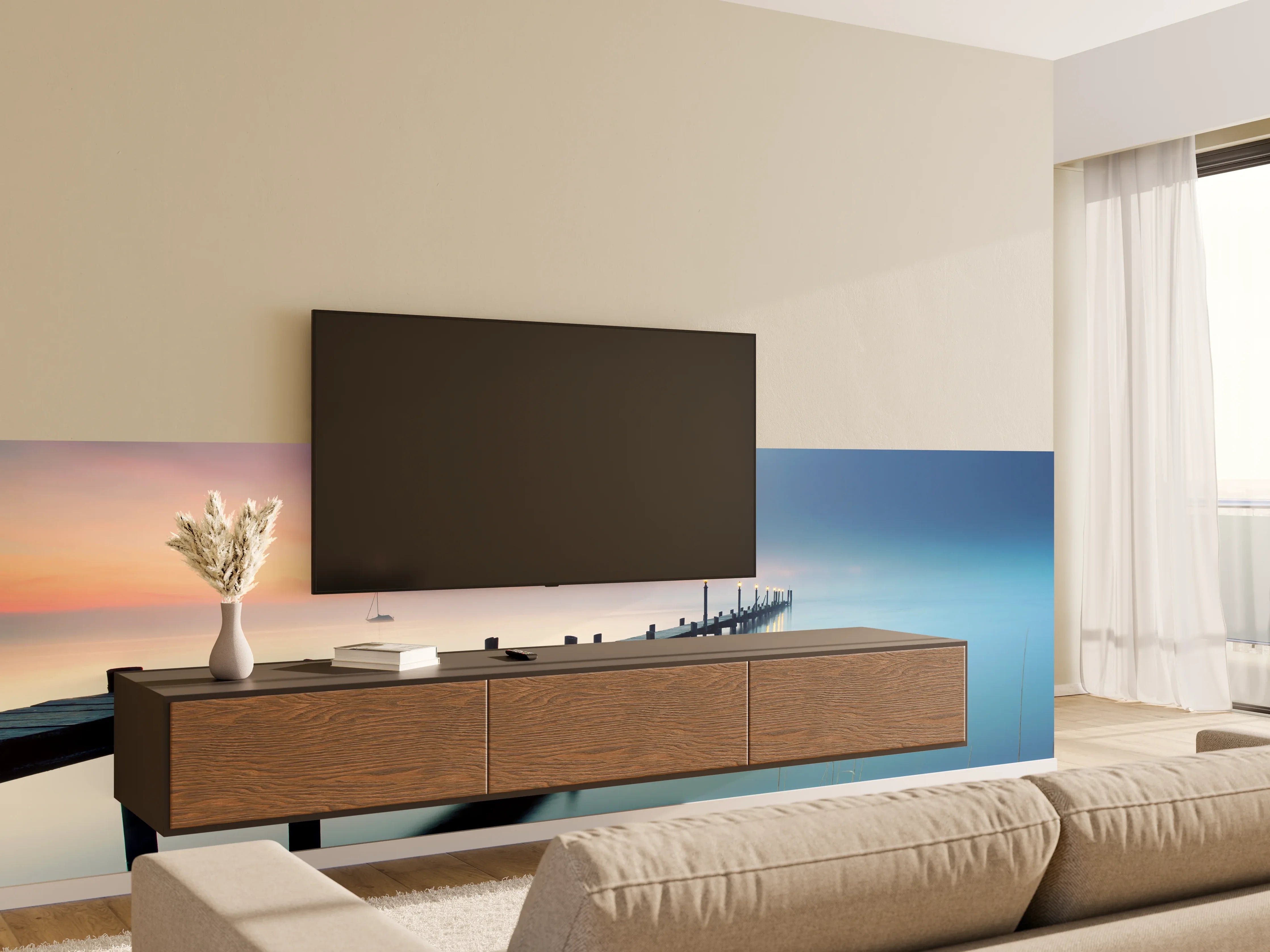 Wandverkleidung Wohnzimmer - Stimmungsvoller Sonnenaufgang am Steg