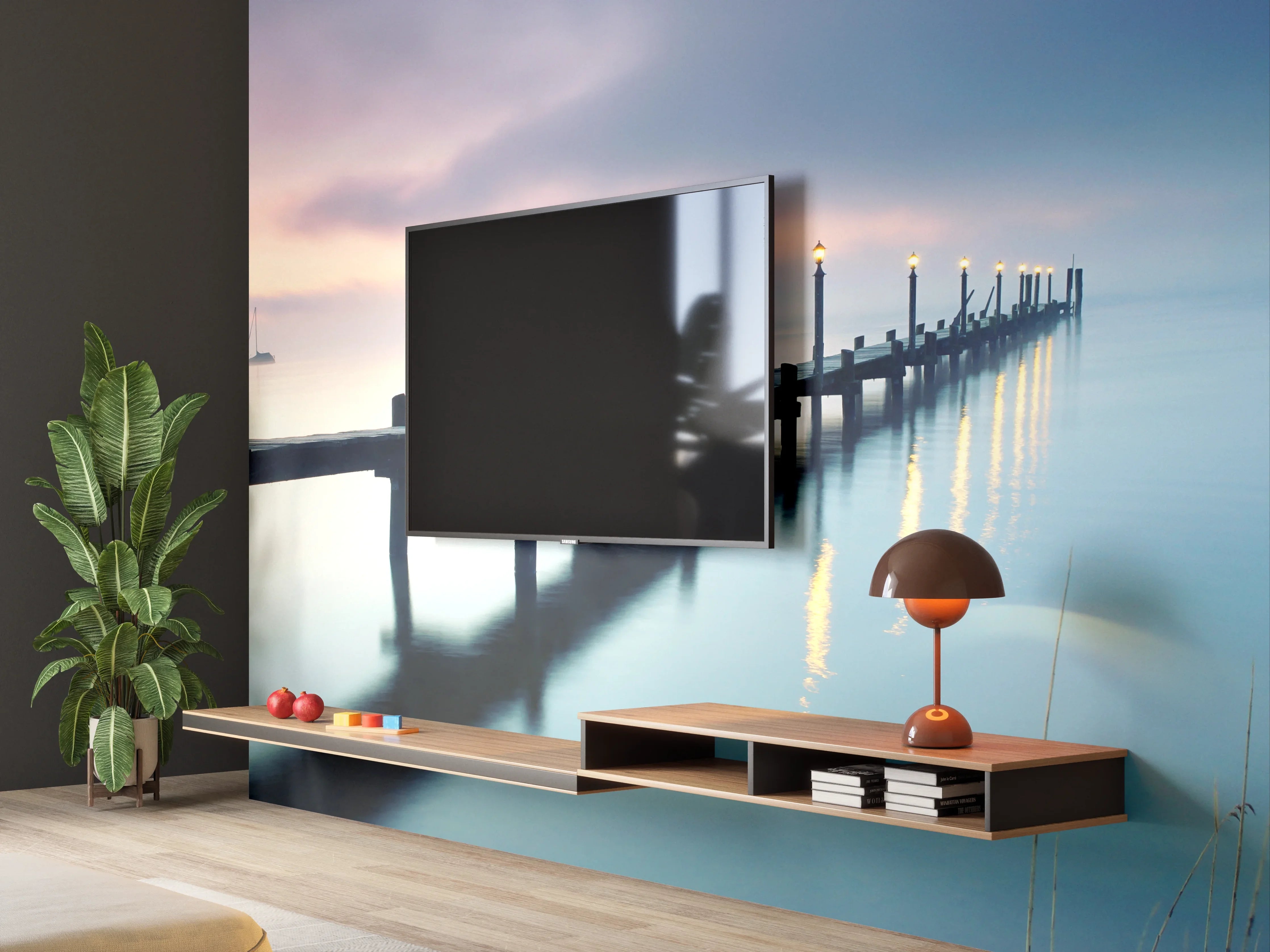Wandverkleidung Wohnzimmer - Stimmungsvoller Sonnenaufgang am Steg