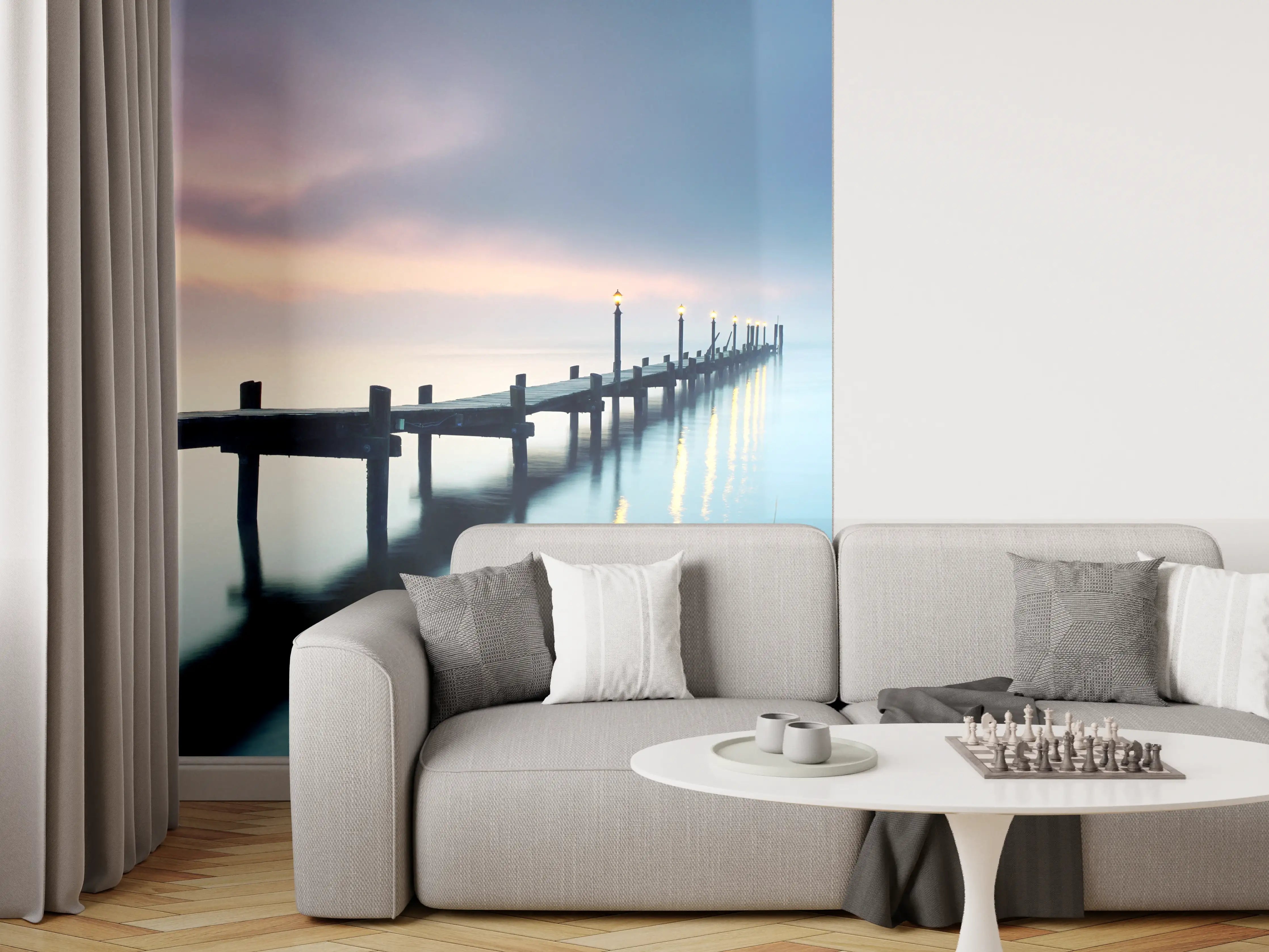 Wandverkleidung Wohnzimmer - Stimmungsvoller Sonnenaufgang am Steg