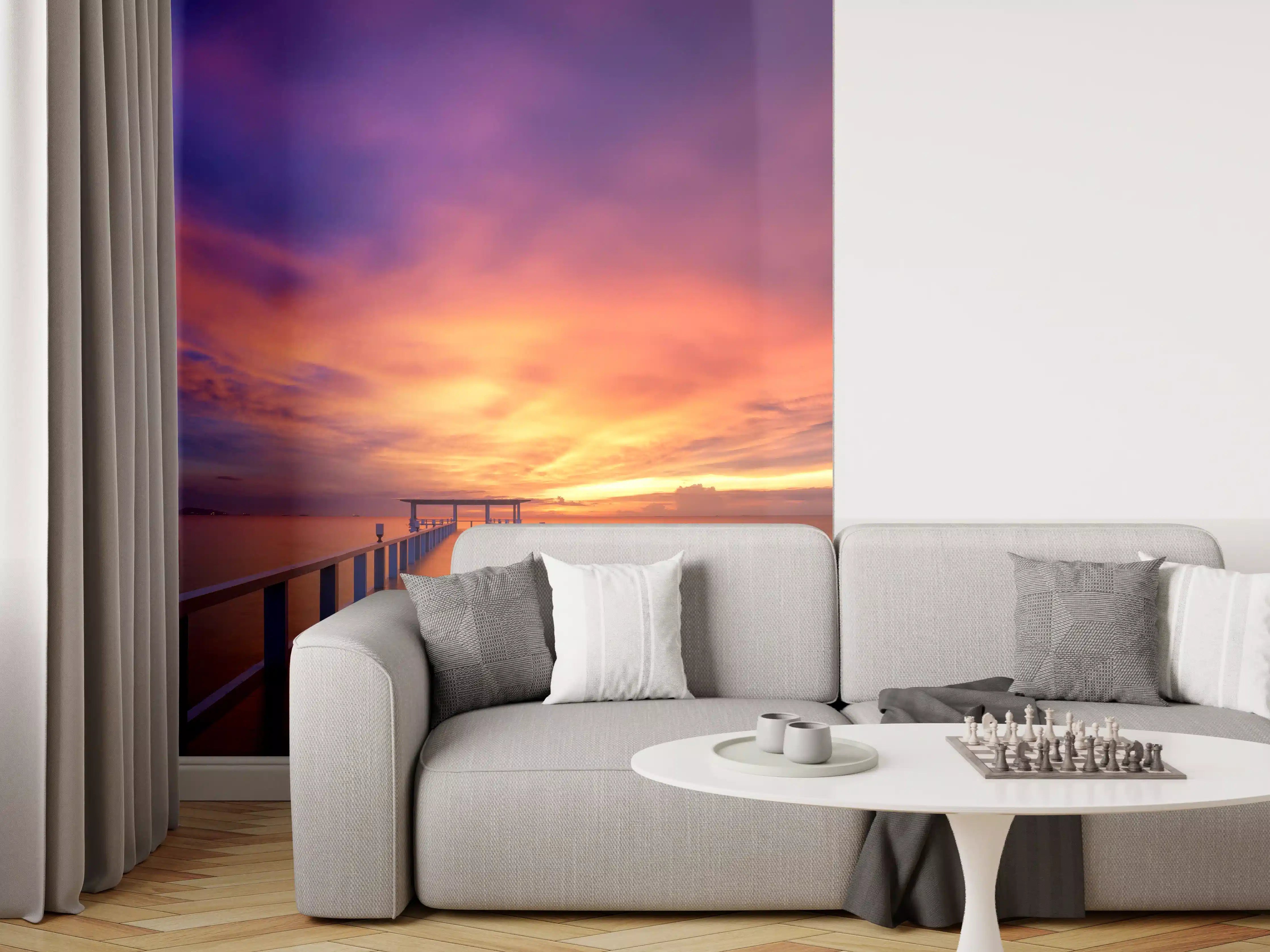 Wandverkleidung Wohnzimmer - Stimmungsvoller Sonnenuntergang am Pier