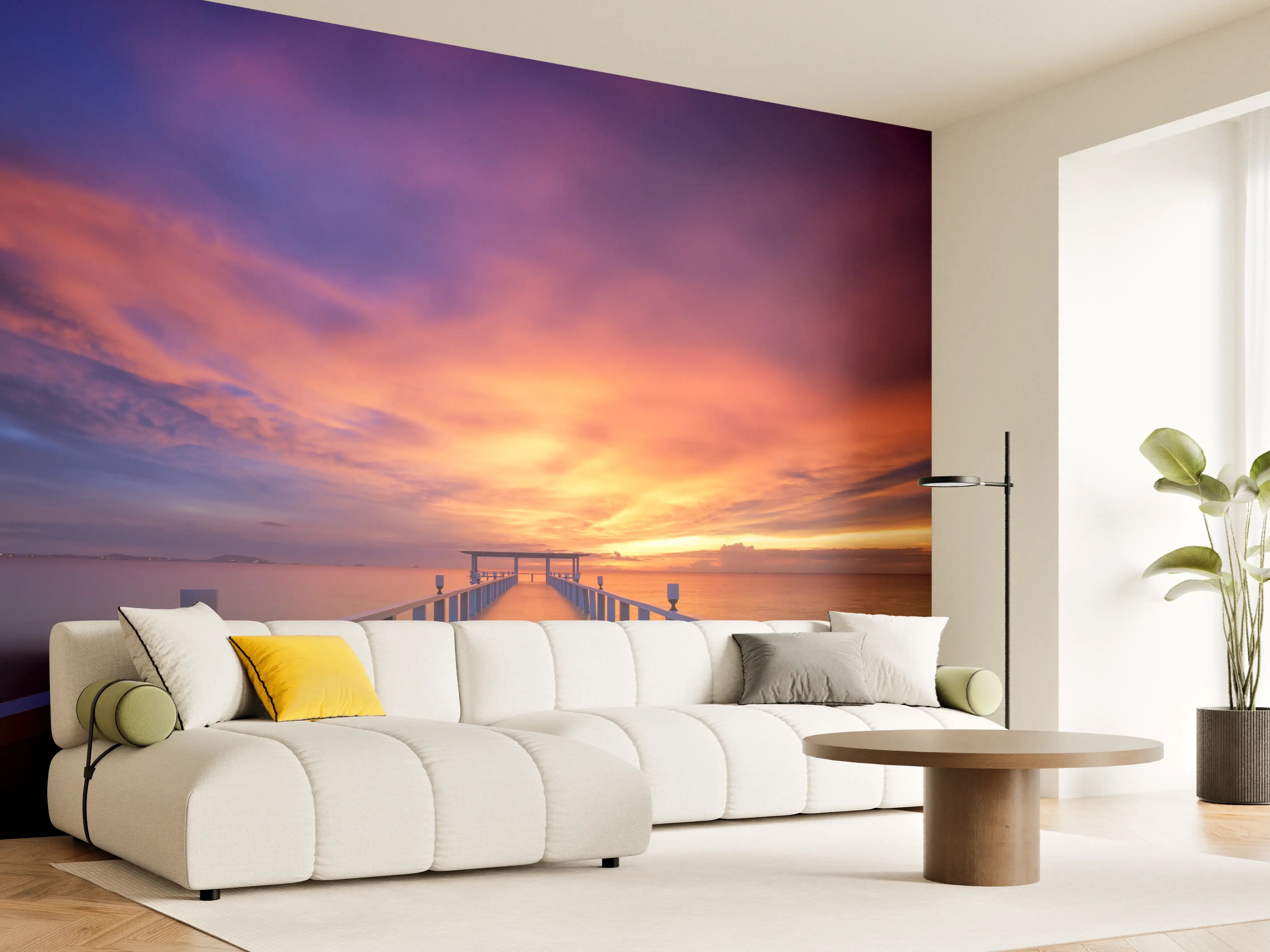 Wandverkleidung Wohnzimmer - Stimmungsvoller Sonnenuntergang am Pier