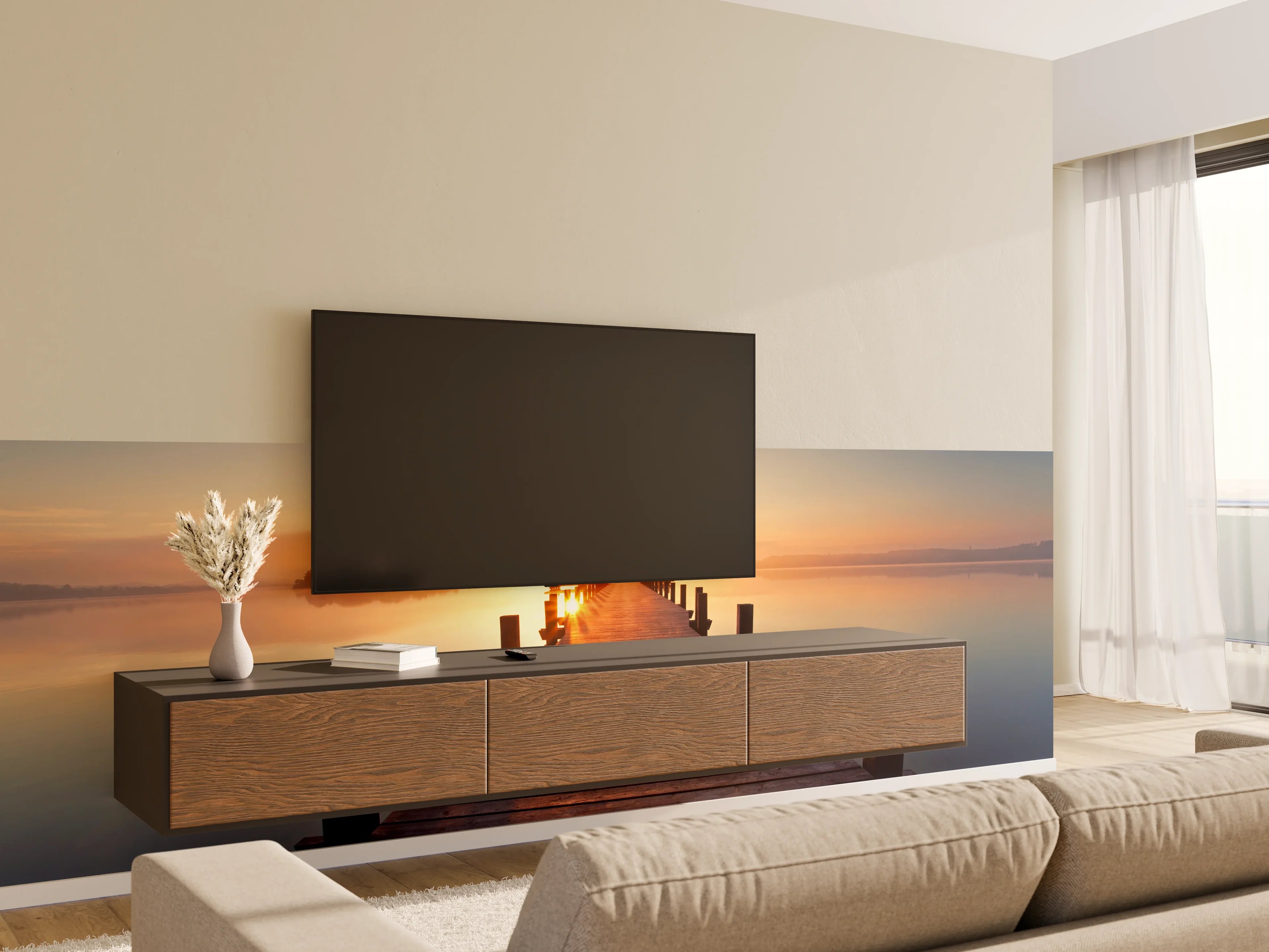 Wandverkleidung Wohnzimmer - Stimmungsvoller Sonnenuntergang am Wasser