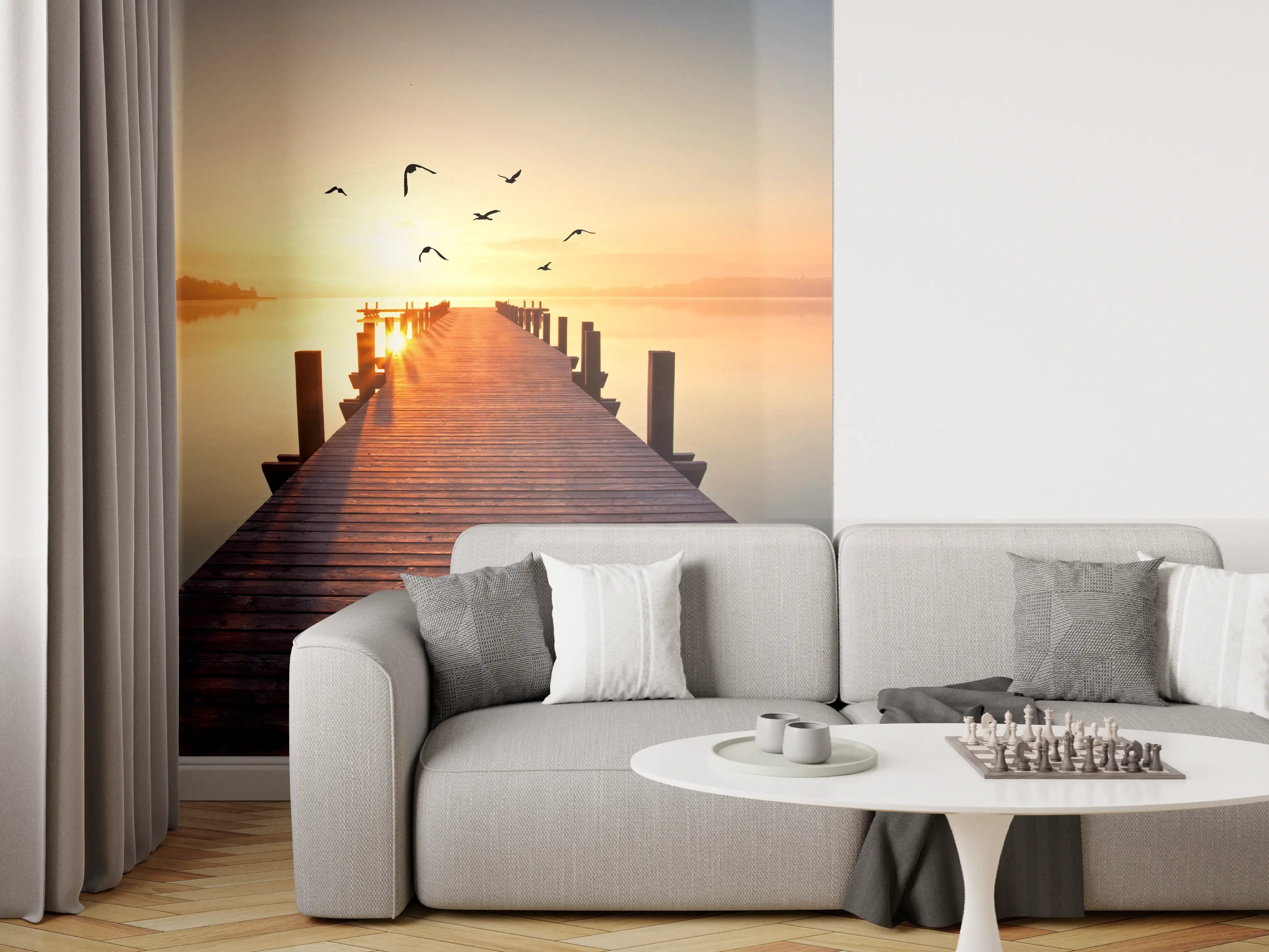 Wandverkleidung Wohnzimmer - Stimmungsvoller Sonnenuntergang am Wasser