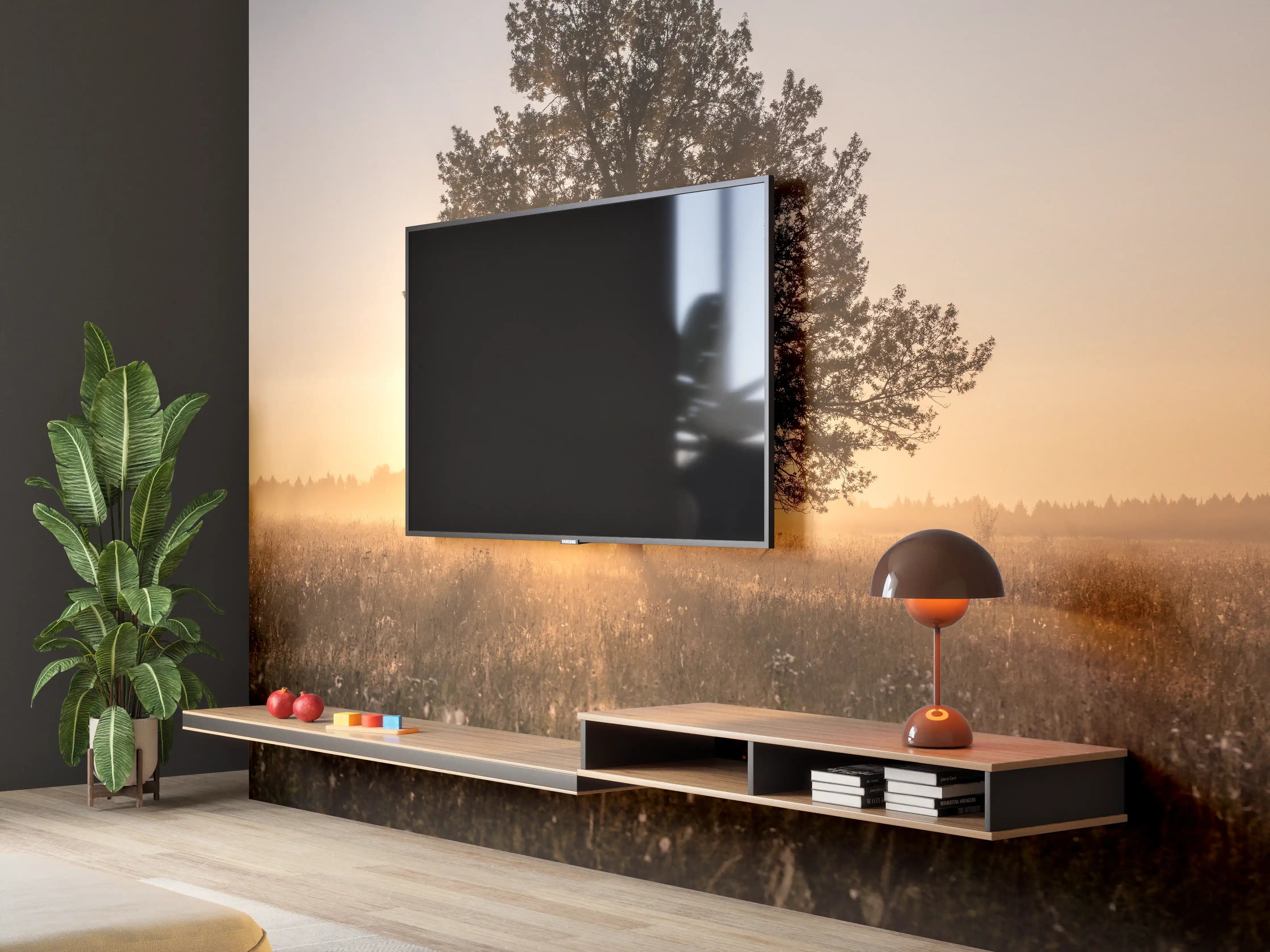 Wandverkleidung Wohnzimmer - Stimmungsvoller Sonnenuntergang hinter Baum