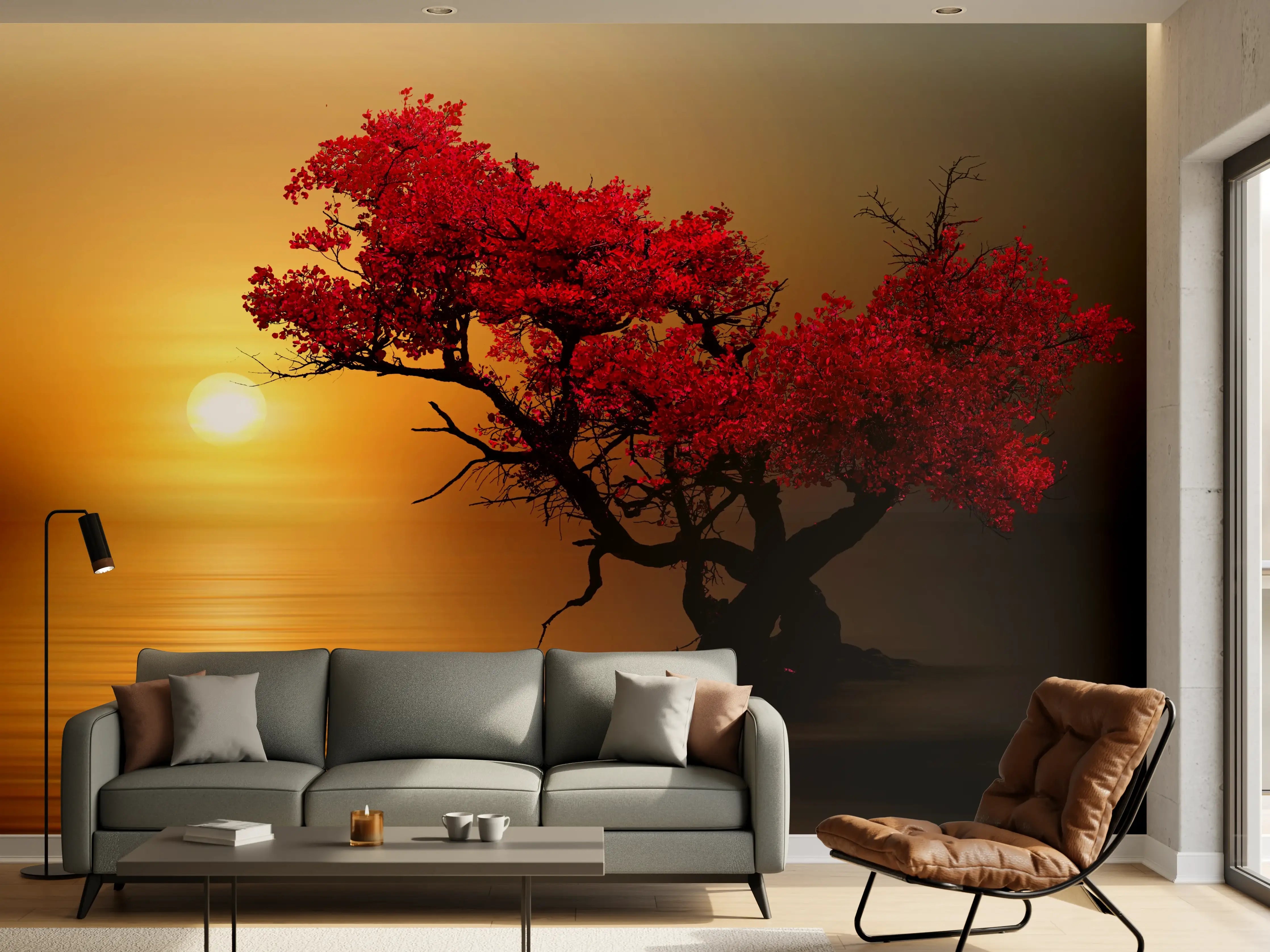Wandverkleidung Wohnzimmer - Stimmungsvoller Sonnenuntergang mit Baum