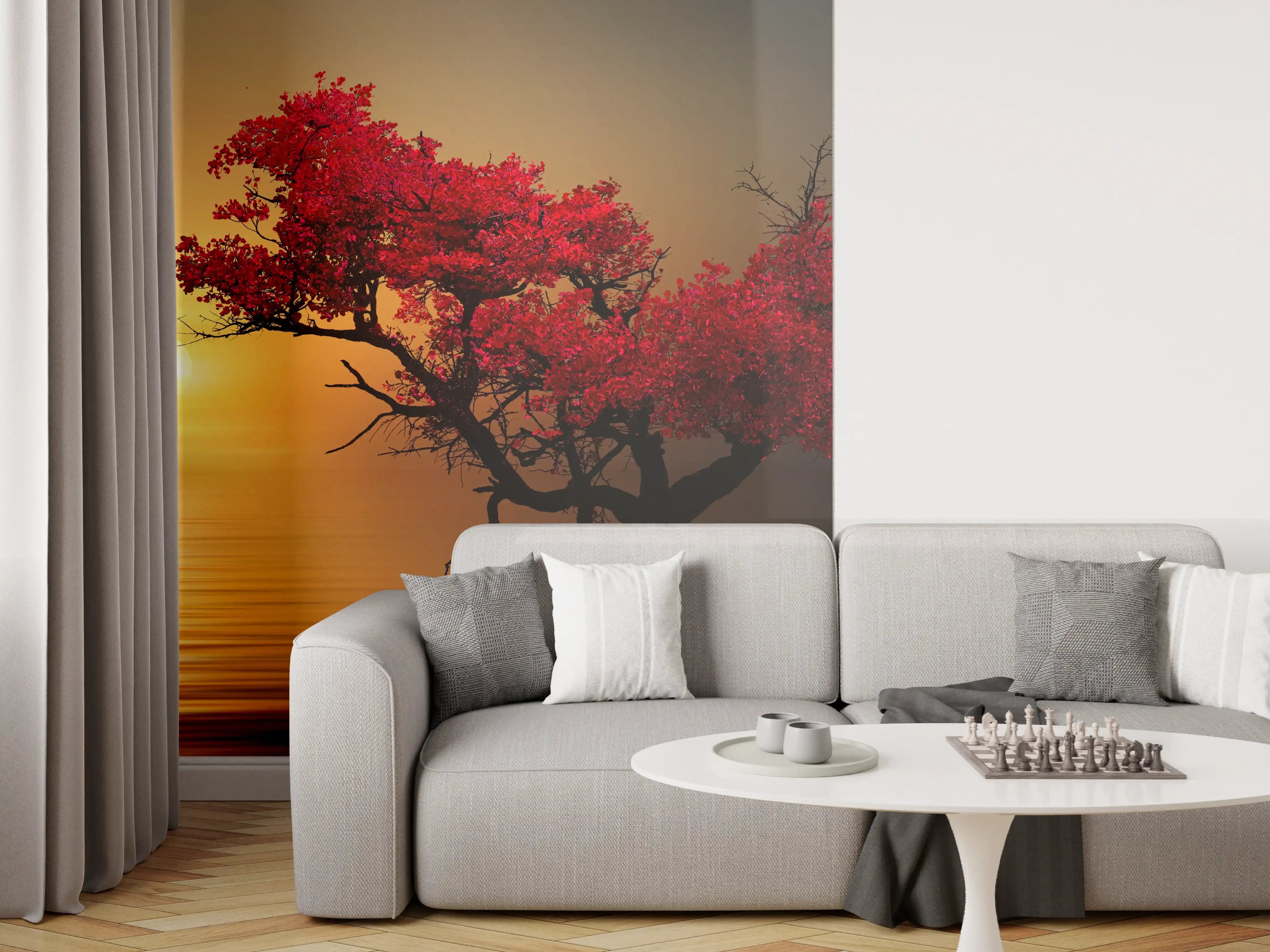 Wandverkleidung Wohnzimmer - Stimmungsvoller Sonnenuntergang mit Baum