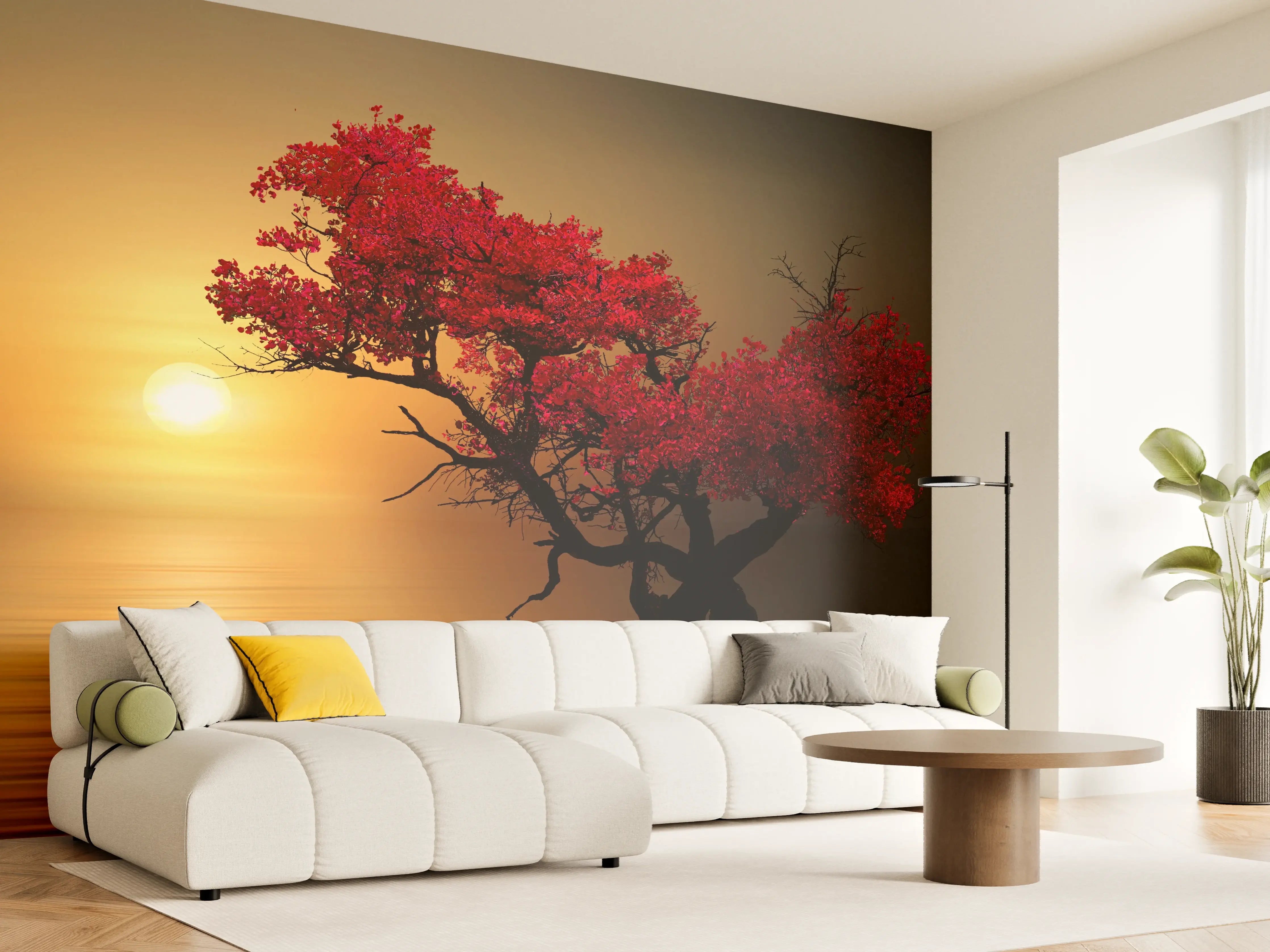 Wandverkleidung Wohnzimmer - Stimmungsvoller Sonnenuntergang mit Baum