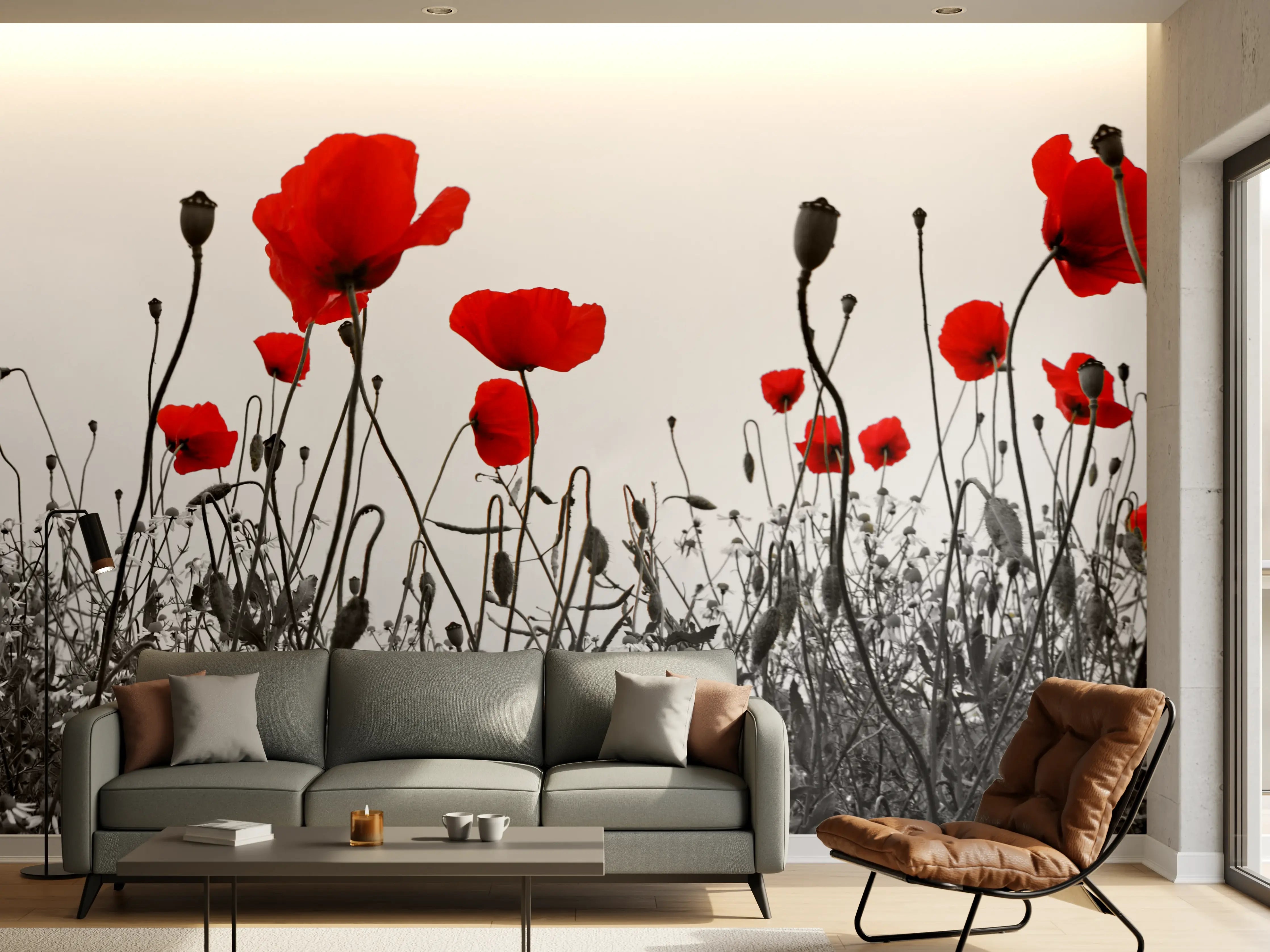 Wandverkleidung Wohnzimmer - Stimmungsvolles Mohnfeld in Graustufen
