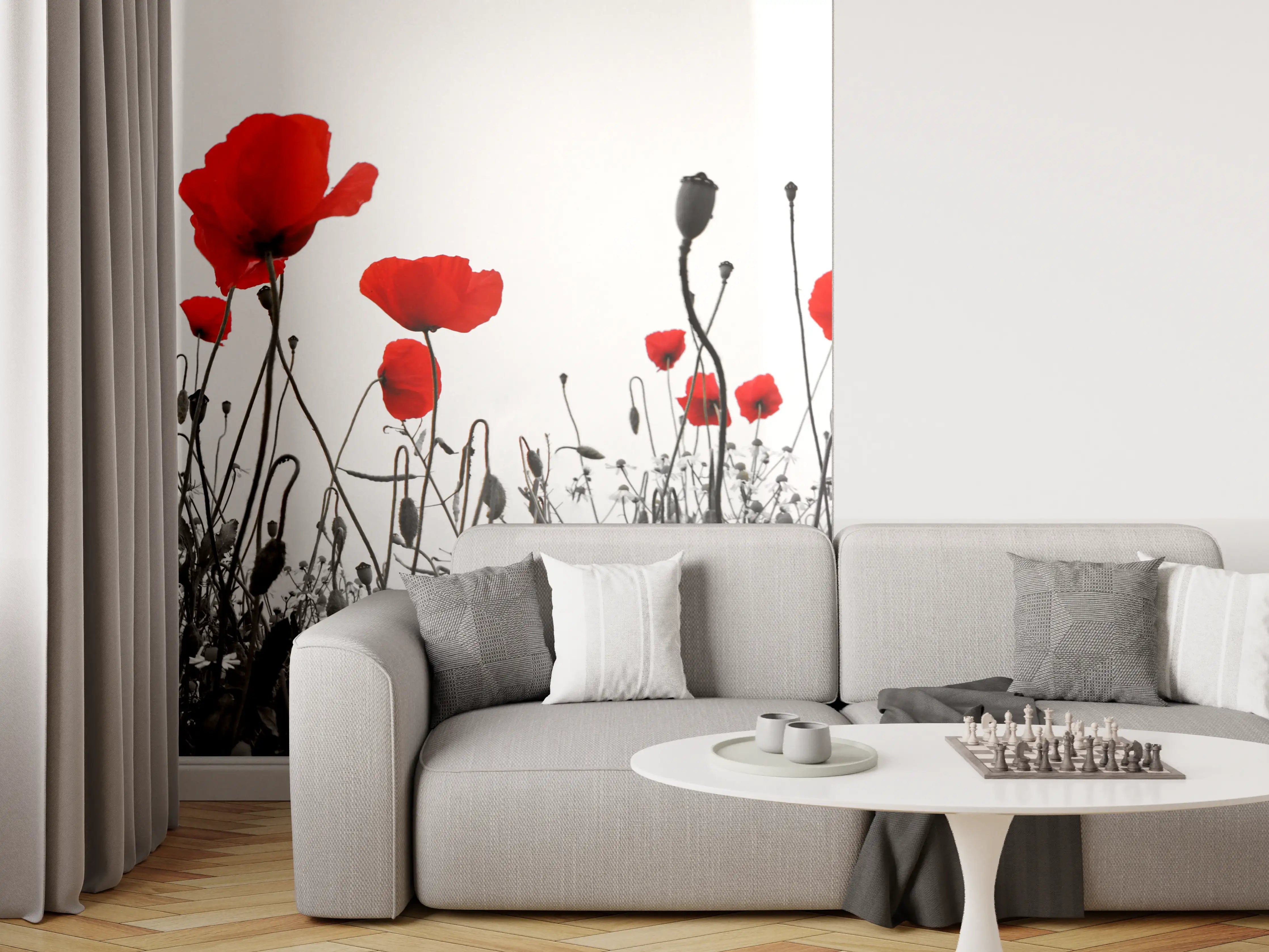 Wandverkleidung Wohnzimmer - Stimmungsvolles Mohnfeld in Graustufen