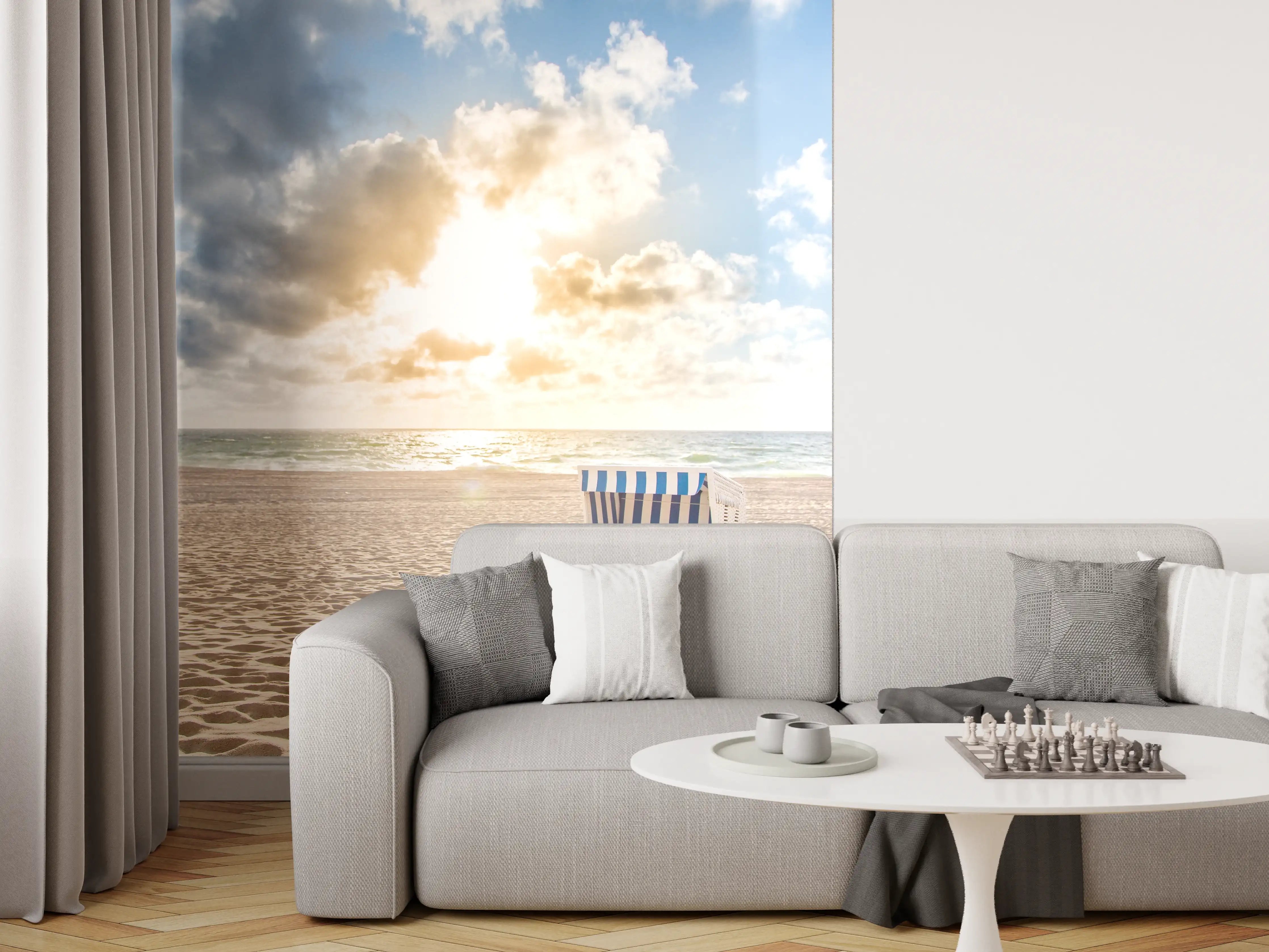 Wandverkleidung Wohnzimmer - Strand mit Blick auf Sonnenuntergang und Strandkorb