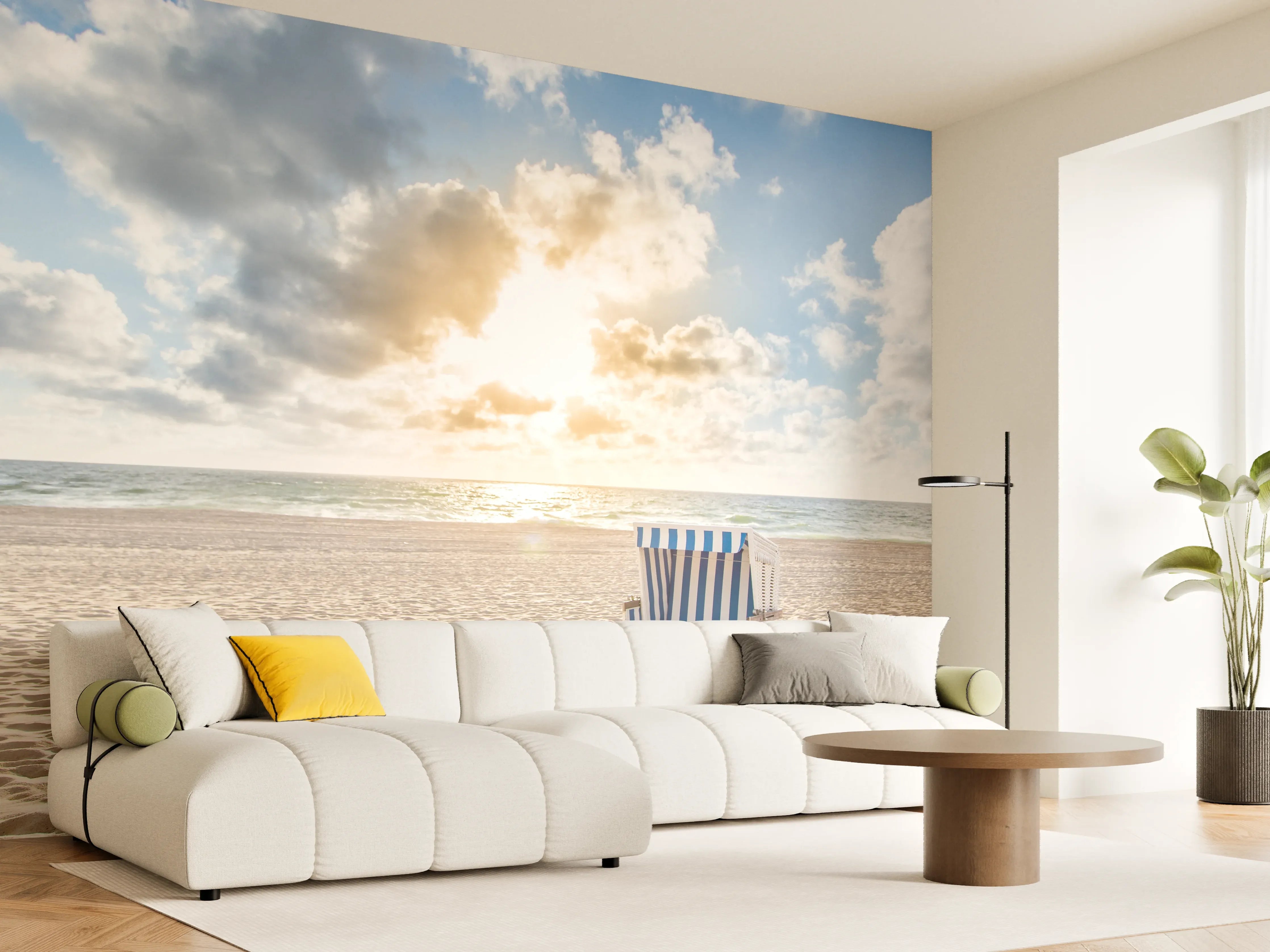 Wandverkleidung Wohnzimmer - Strand mit Blick auf Sonnenuntergang und Strandkorb