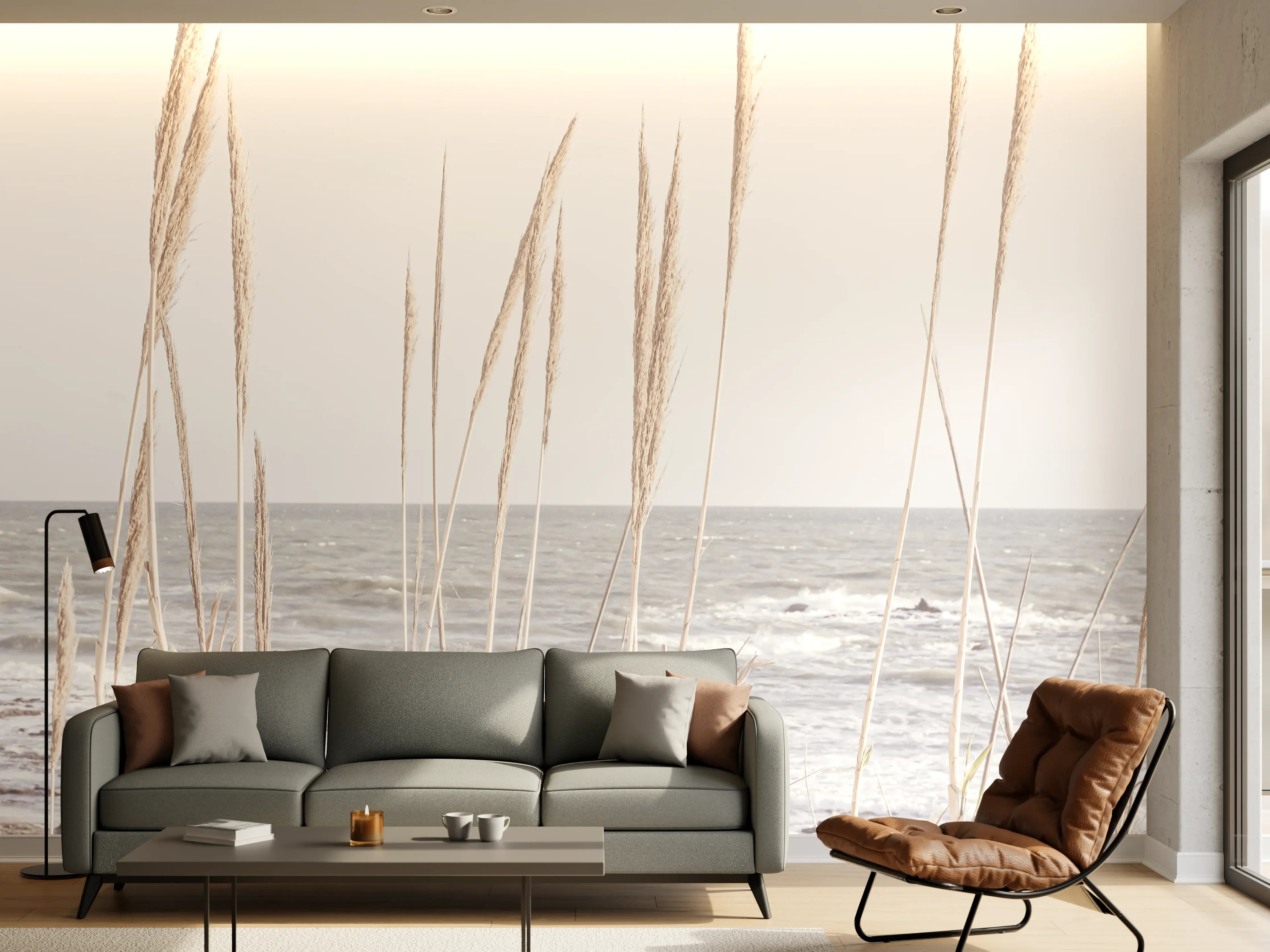 Wandverkleidung Wohnzimmer - Strand mit Dünen und Gräsern in sanften Farben