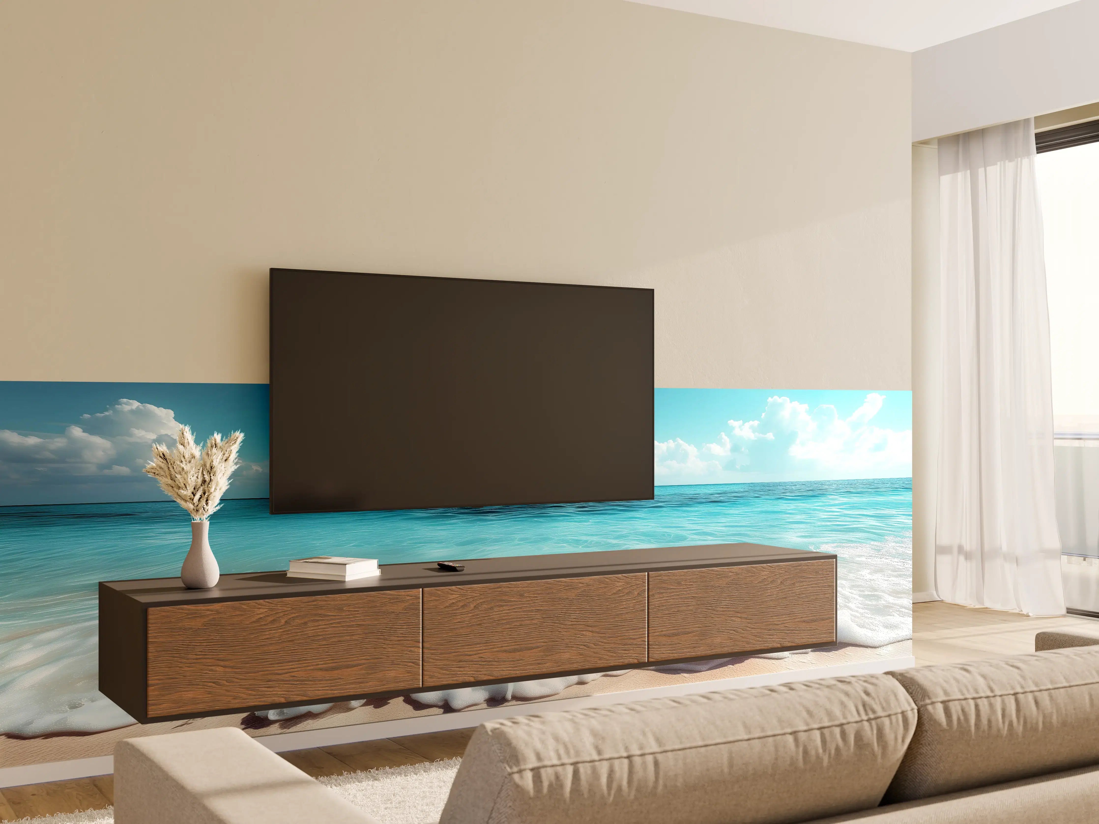 Wandverkleidung Wohnzimmer - Strand mit orangefarbener Schwimmringe