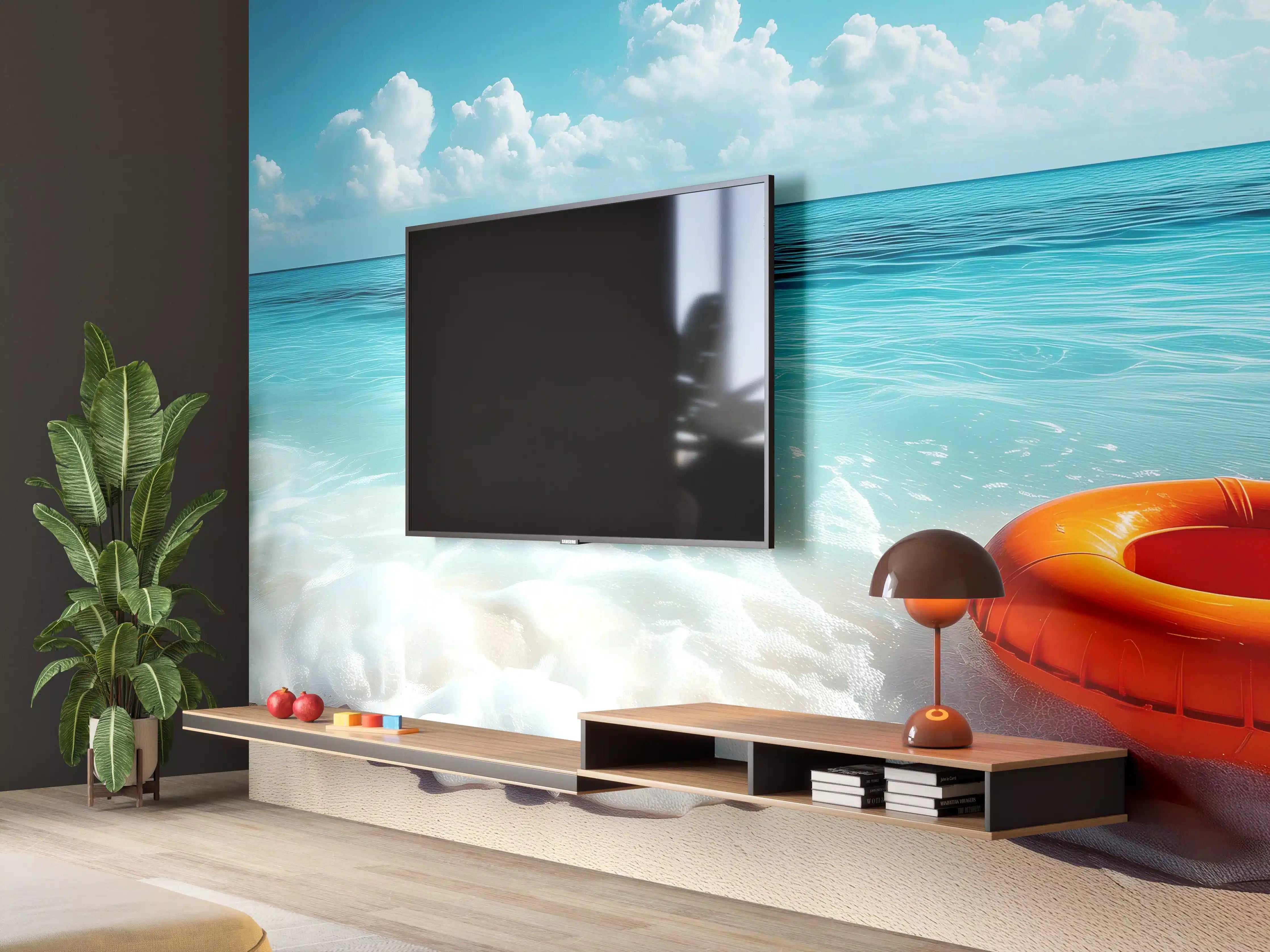 Wandverkleidung Wohnzimmer - Strand mit orangefarbener Schwimmringe