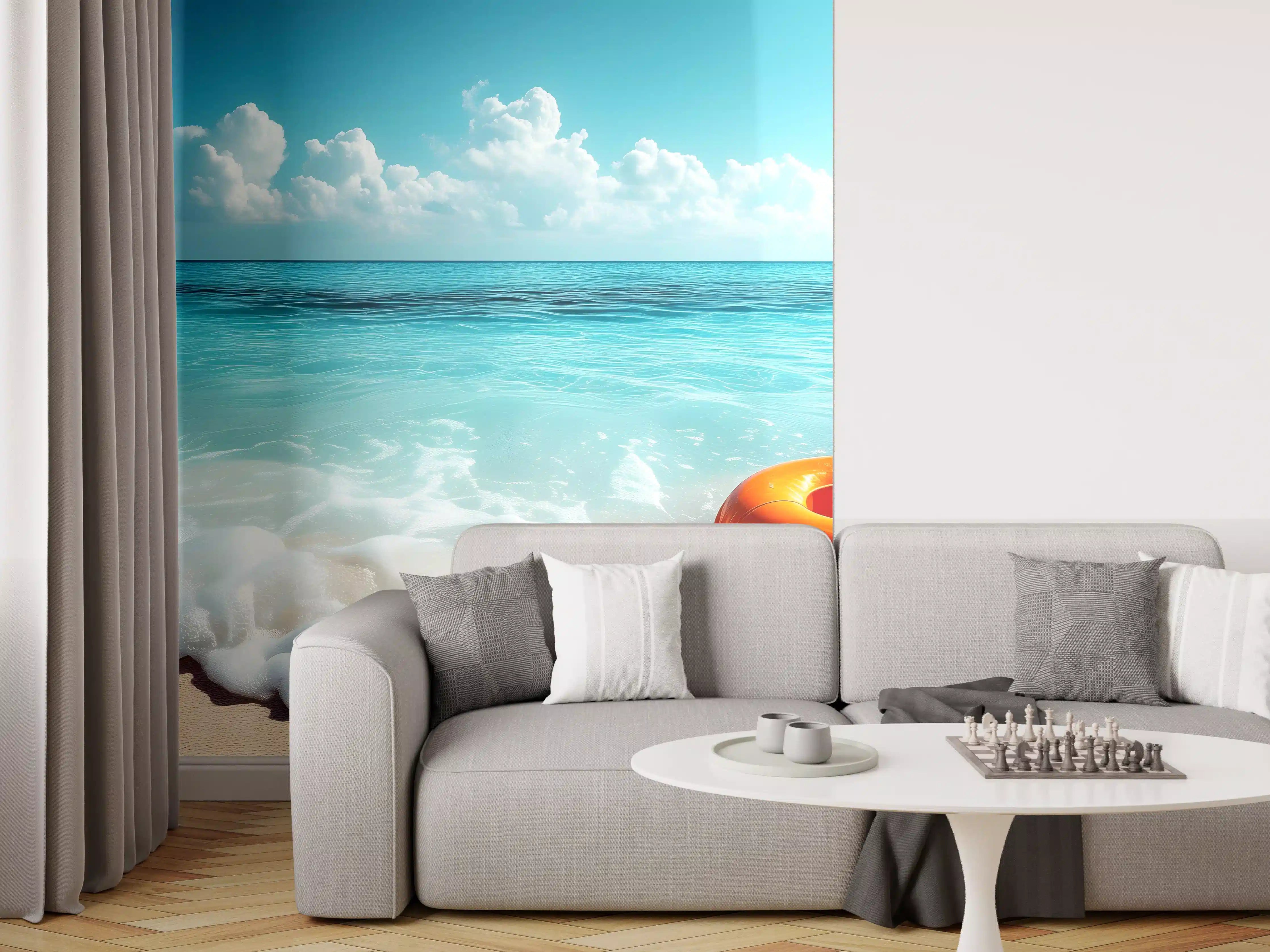 Wandverkleidung Wohnzimmer - Strand mit orangefarbener Schwimmringe