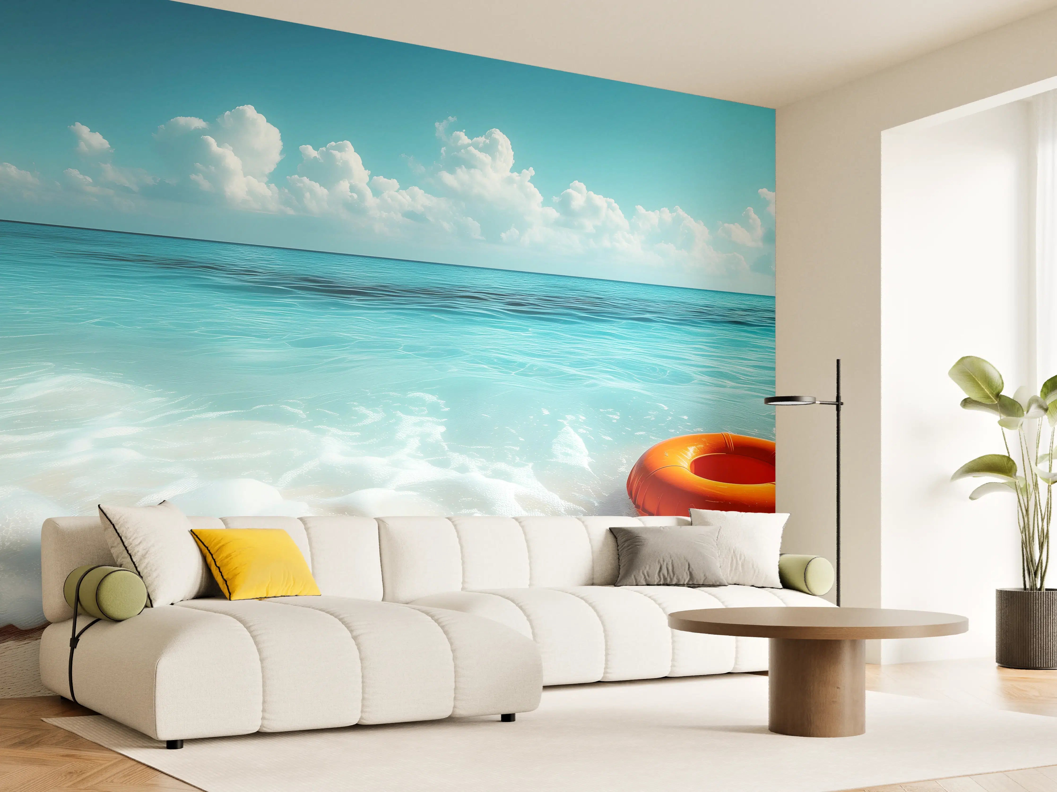 Wandverkleidung Wohnzimmer - Strand mit orangefarbener Schwimmringe