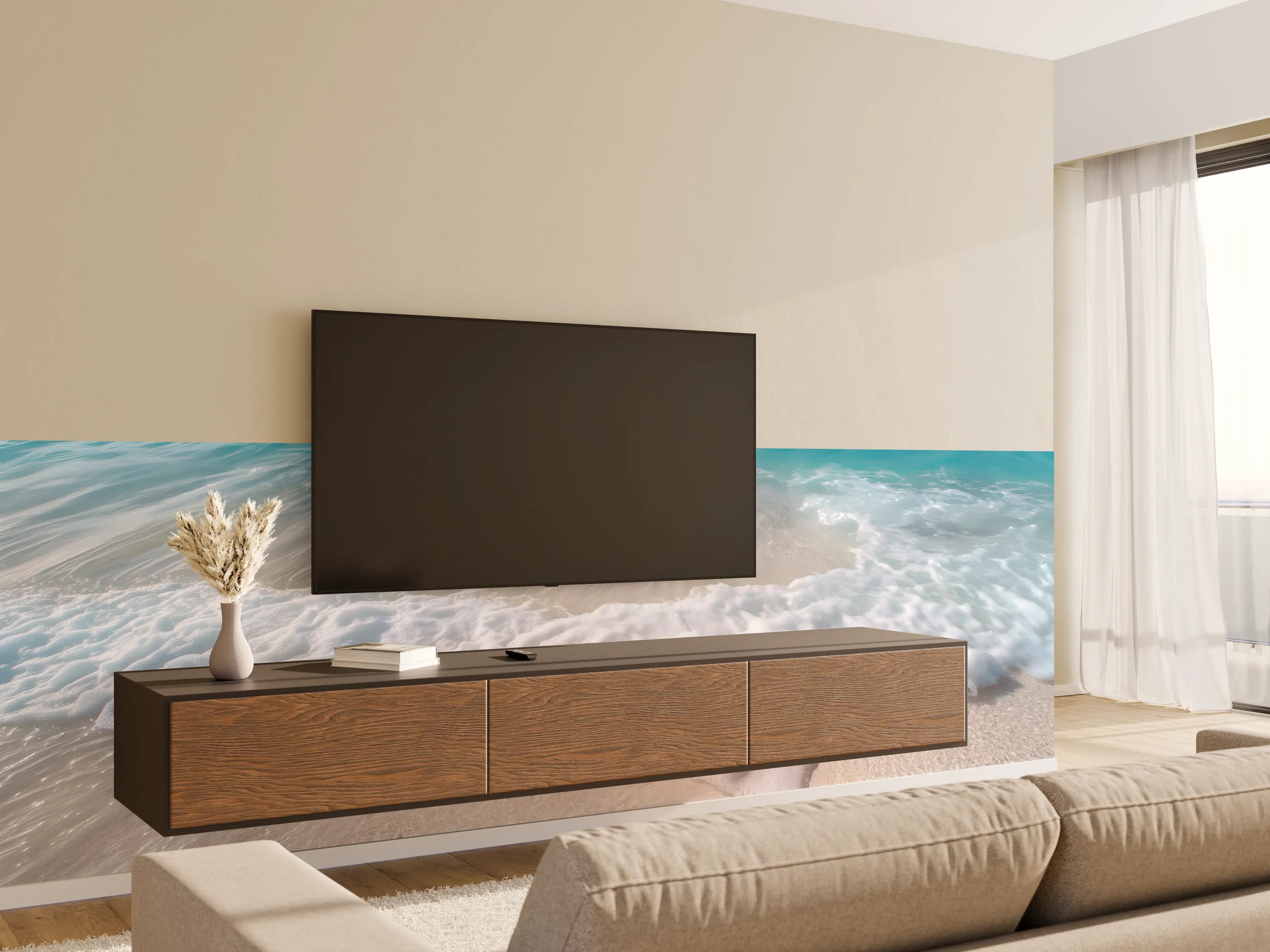 Wandverkleidung Wohnzimmer - Strand mit sanften Wellen und Schaum