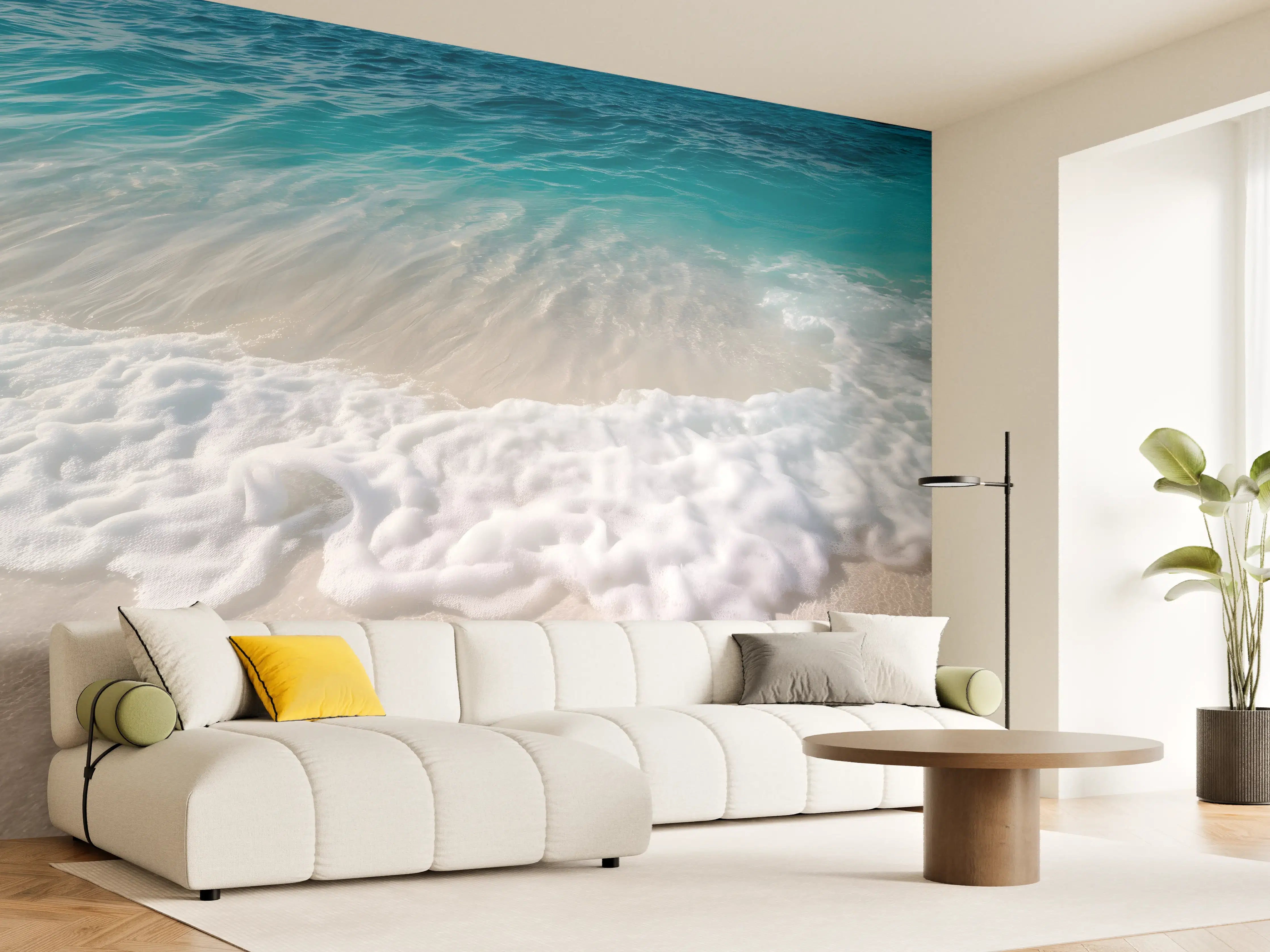 Wandverkleidung Wohnzimmer - Strand mit sanften Wellen und Schaum