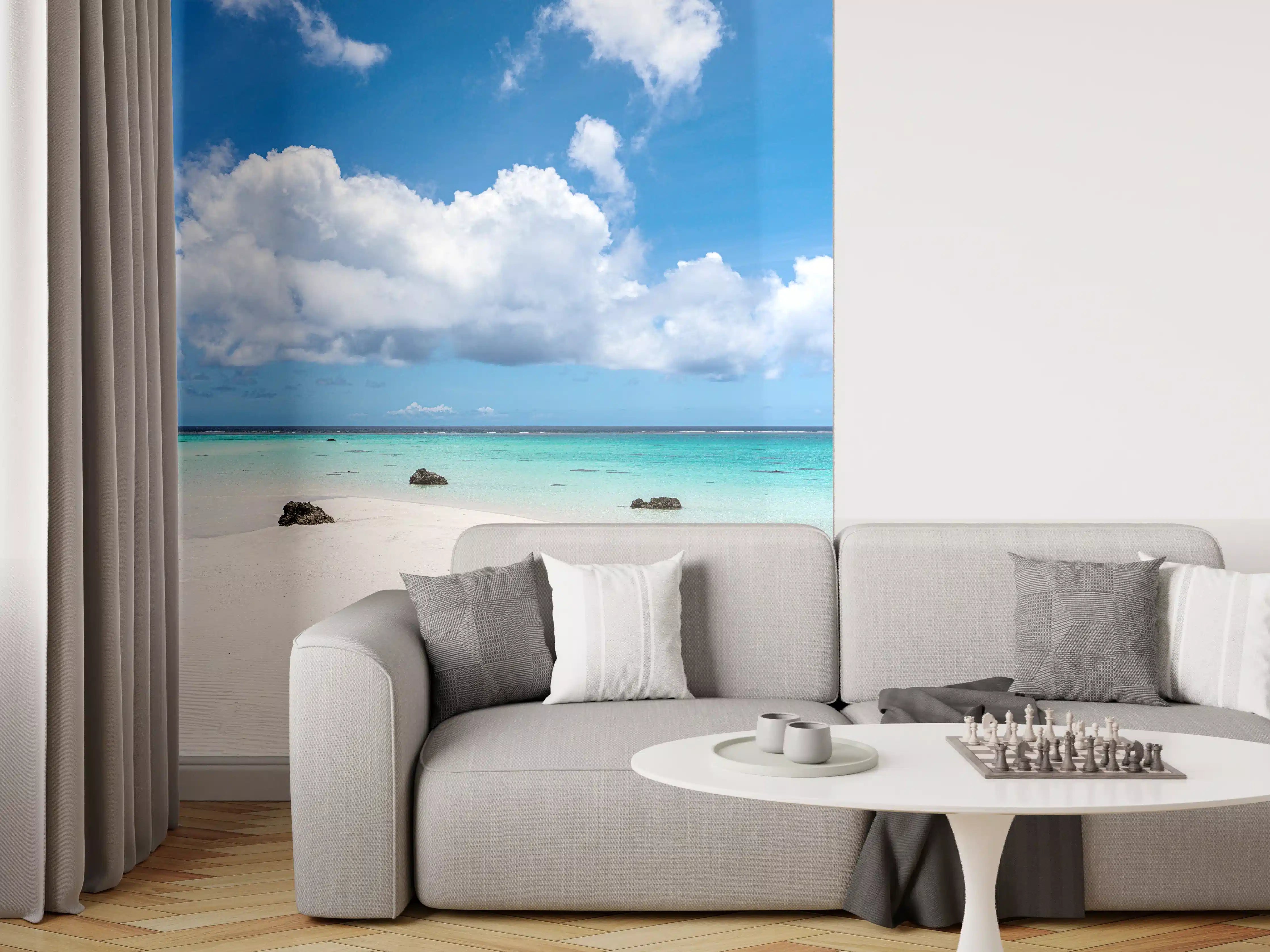 Wandverkleidung Wohnzimmer - Strand mit weißen Sand und blauer Lagune
