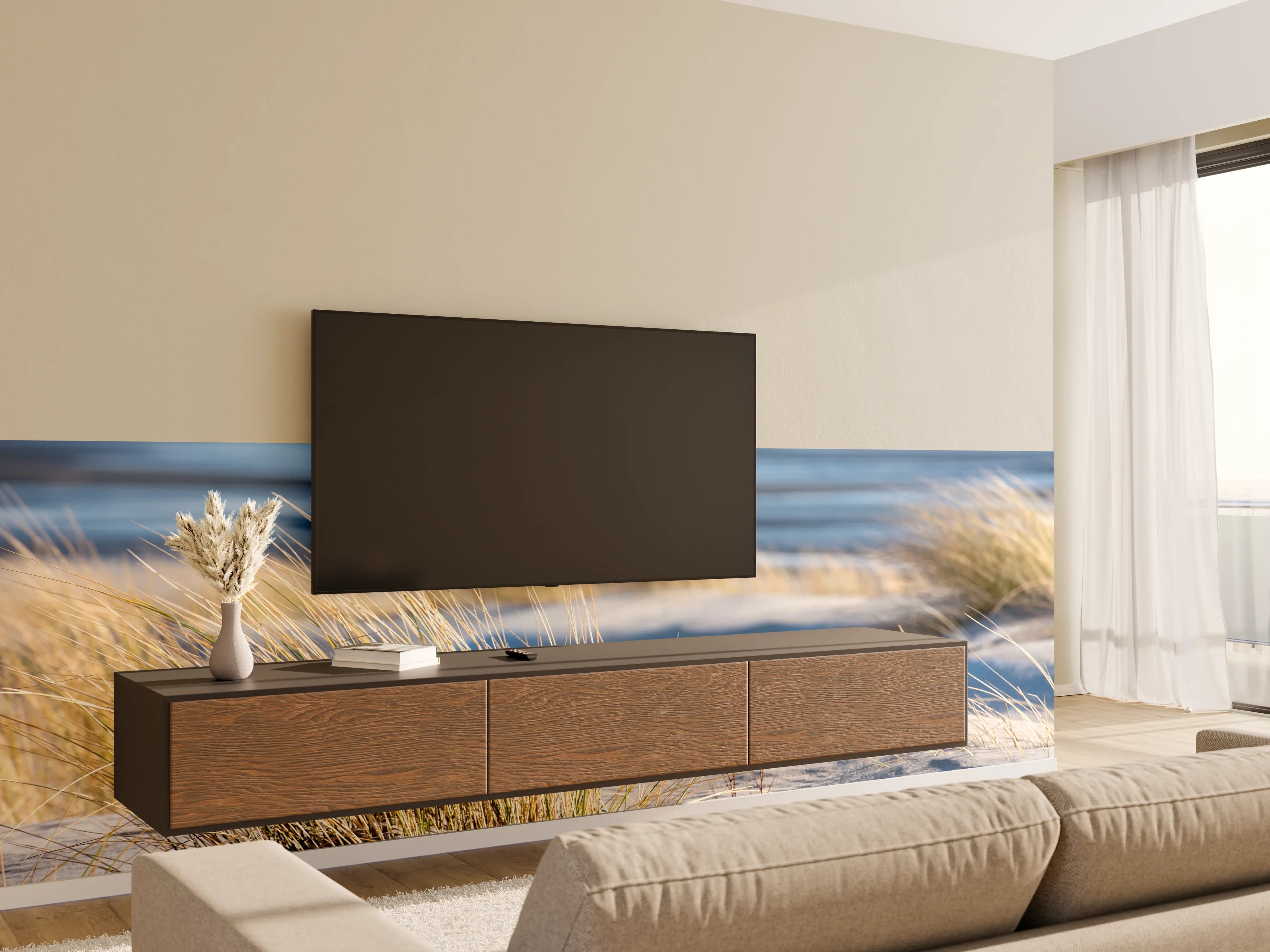 Wandverkleidung Wohnzimmer - Strand und Dünen bei Sonnenuntergang