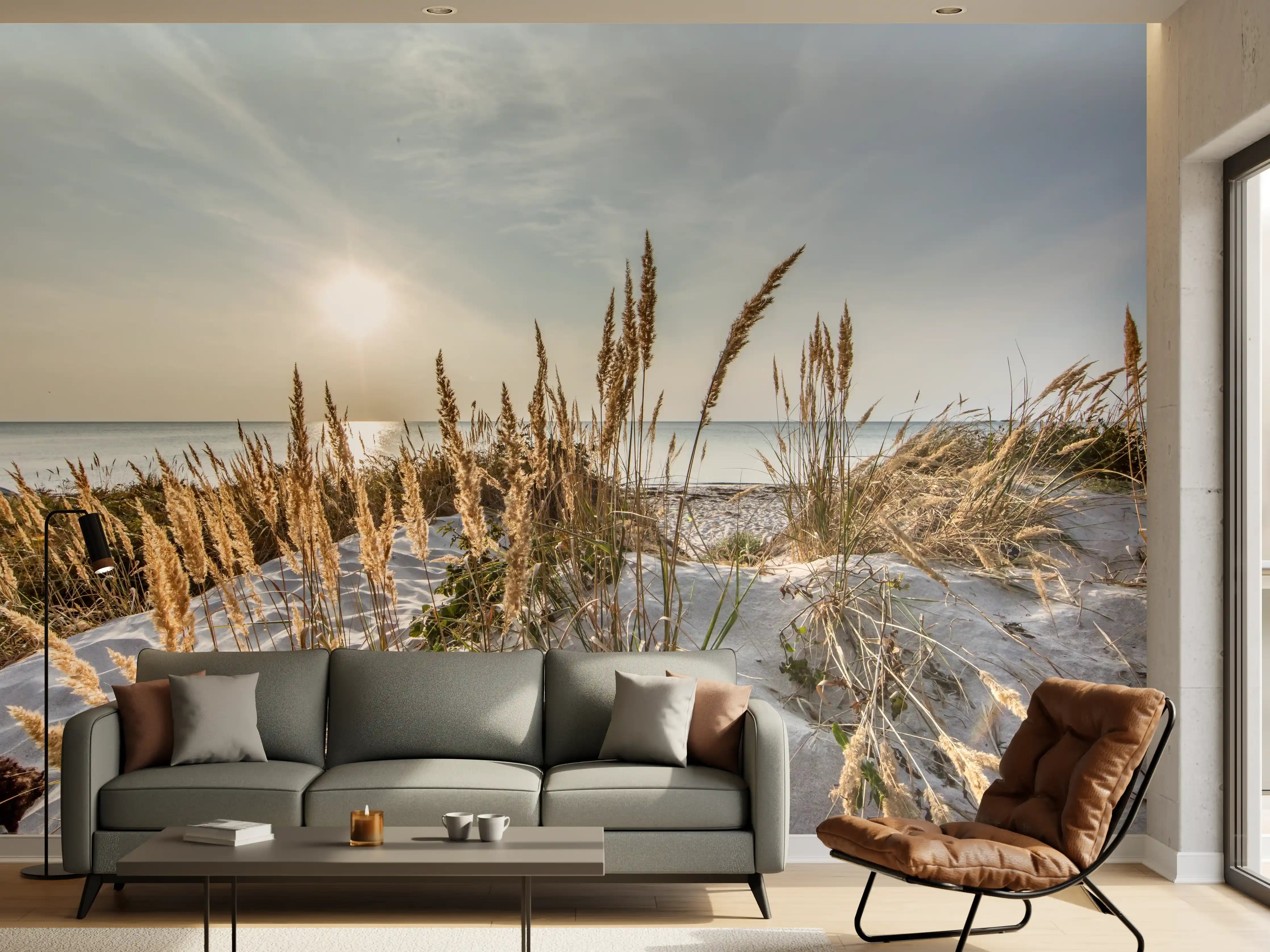 Wandverkleidung Wohnzimmer - Strand, Dünen und Sonnenaufgang in natürlicher Schönheit